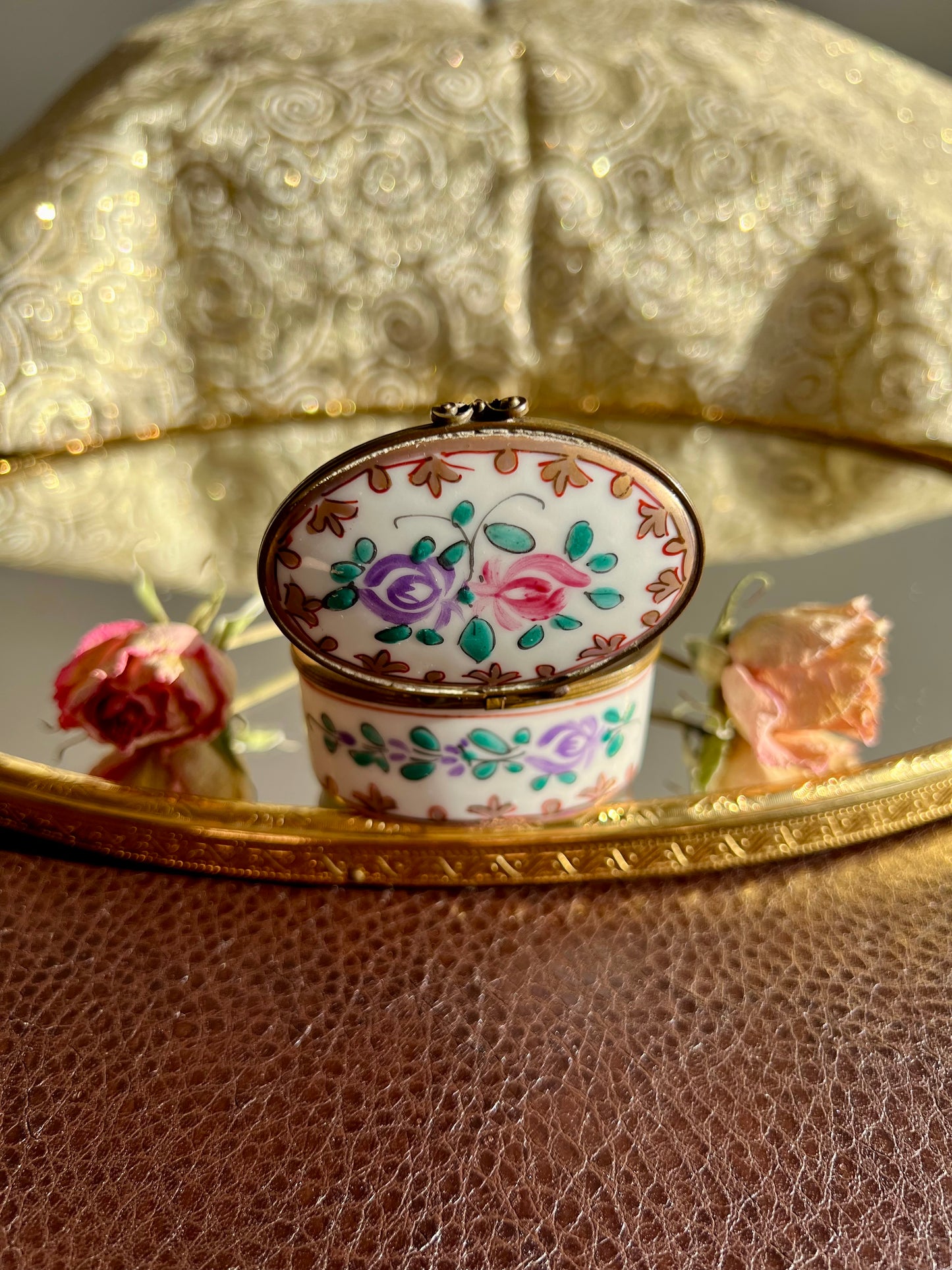 Antique/ Vintage French Oval Porcelain Miniature Jewelry or Pill Box with Decorative Floral Motifs - Double Red LL and ‘Made in France’ Marks on the Bottom