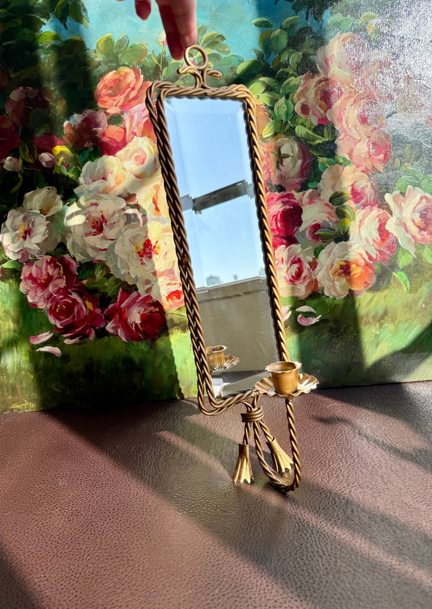 Vintage Square Long Mirror Gold Gilded Metal Frame and Rope Decoration with Tasseled Wall Candle Holder, Wall Sconce