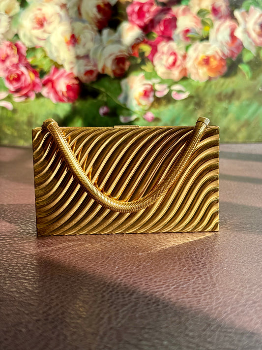 Classic Vintage Evans Gold Tone Cosmetic Cigarette Case Mirror, Makeup Powder Purse/Clutch with Snake Chain Handle