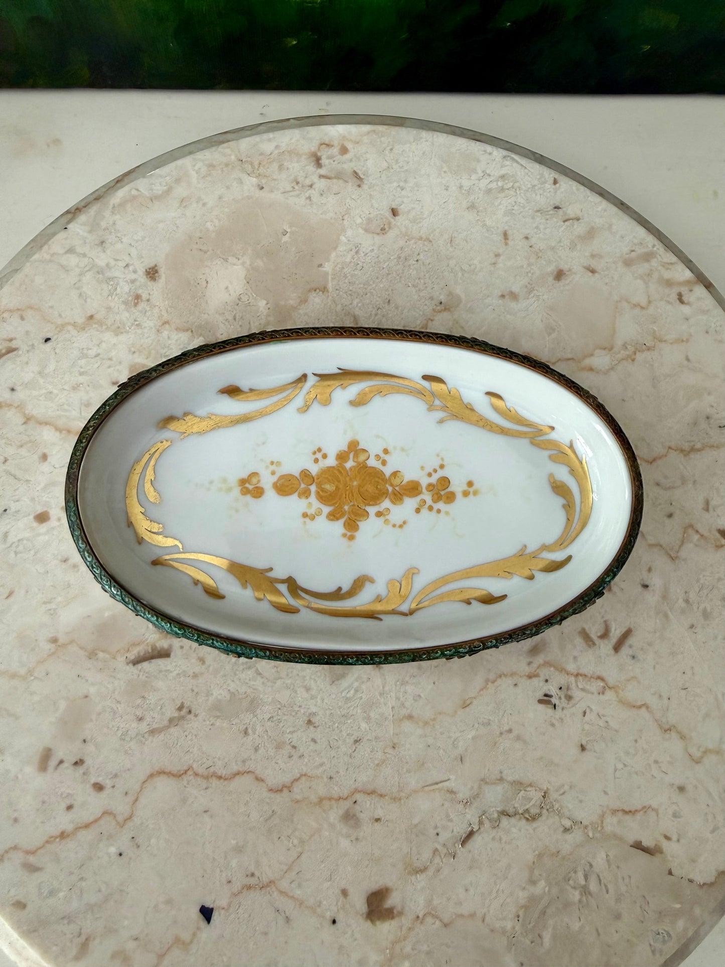 Antique Sévres Style Brass Footed and Hand-painted Oval Porcelain Decorative Soap Dish - Made in France