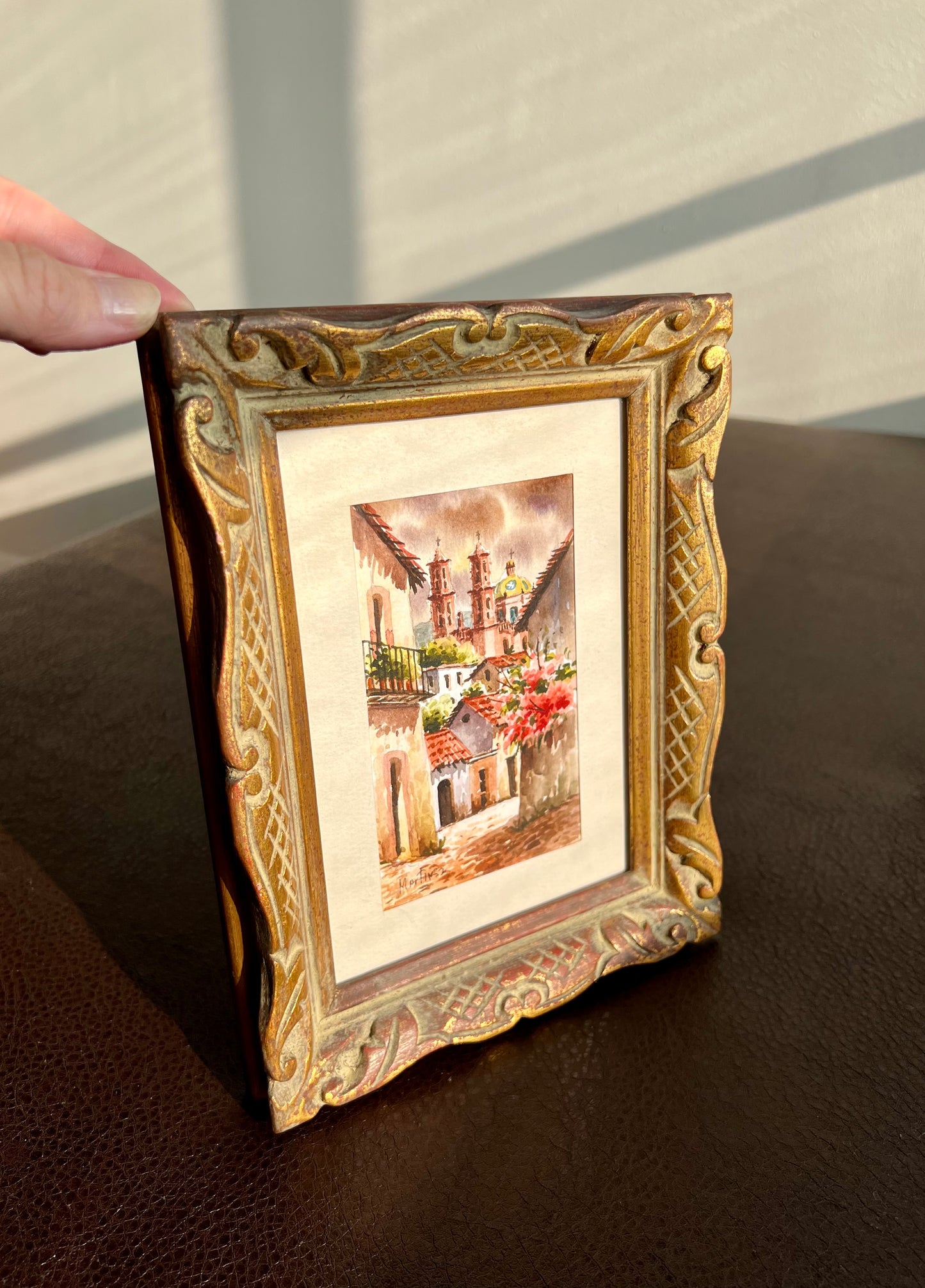 Watercolor Original Art Signed Vintage Painting with Gilded Wooden Frame