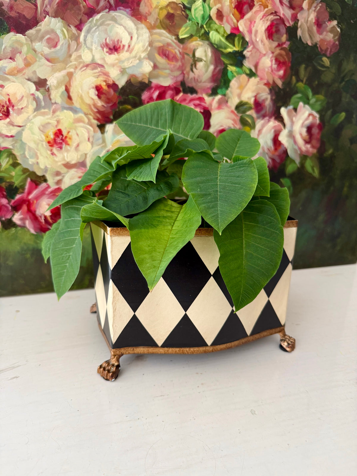 Vintage Hand-painted Metal Flower Pot/Planter with a Harlequin Pattern and Claw Feet