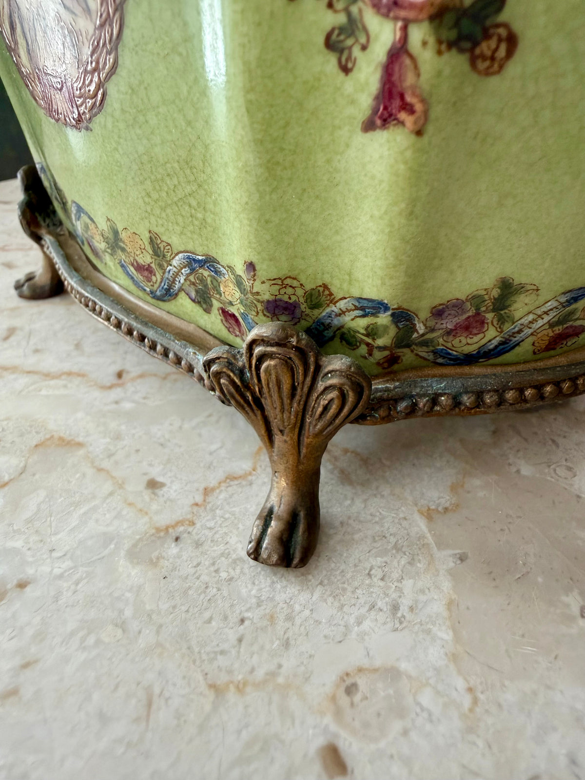 Antique Green Pheasant Bird and Floral Garland Porcelain Brass Footed Cache Pot or Jardiniere