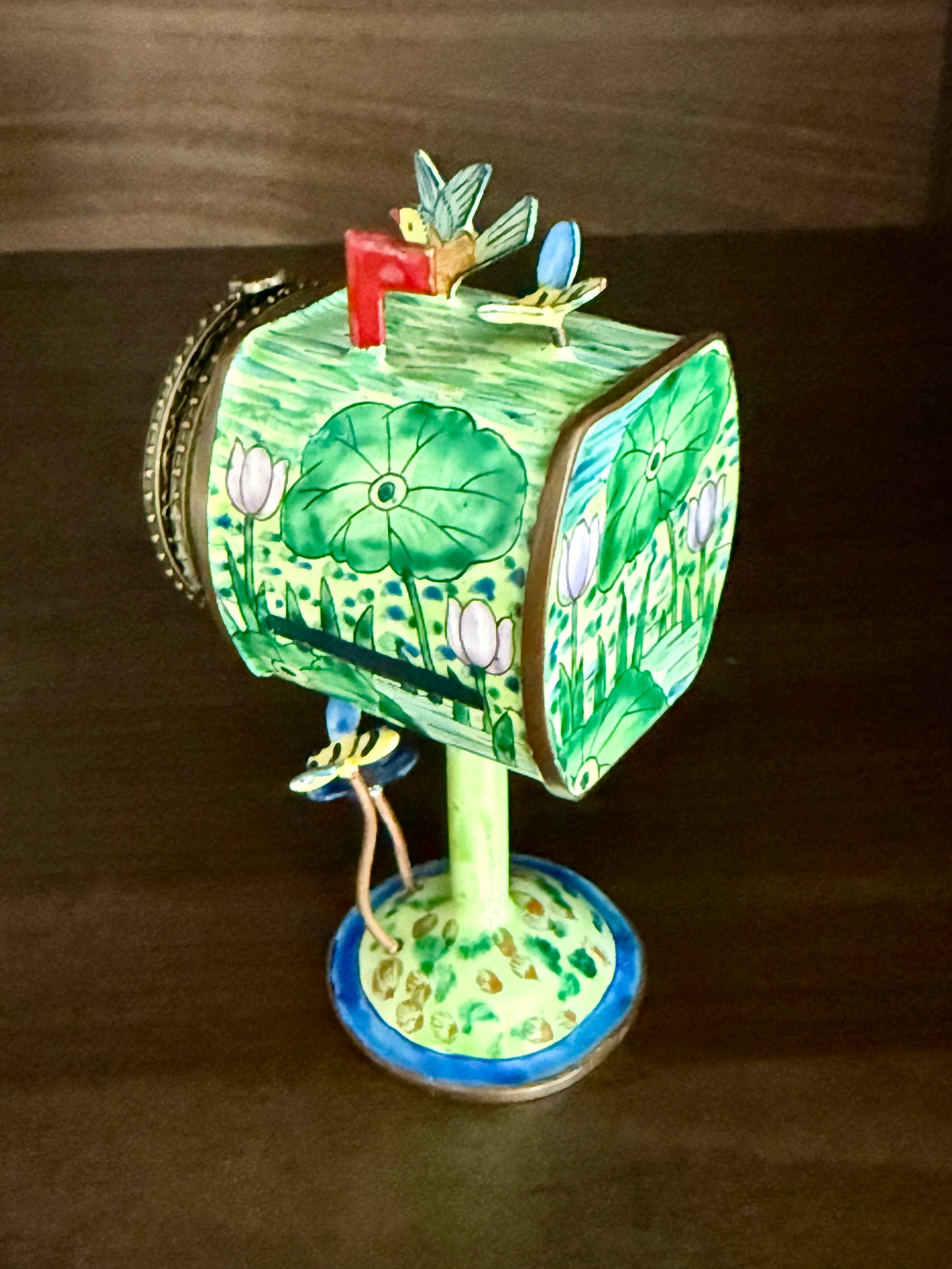 Vintage Hand-Painted Enamel on Copper Miniature Kelvin Chen Mailbox, Trinket Box and Stamps Holder - Numbered