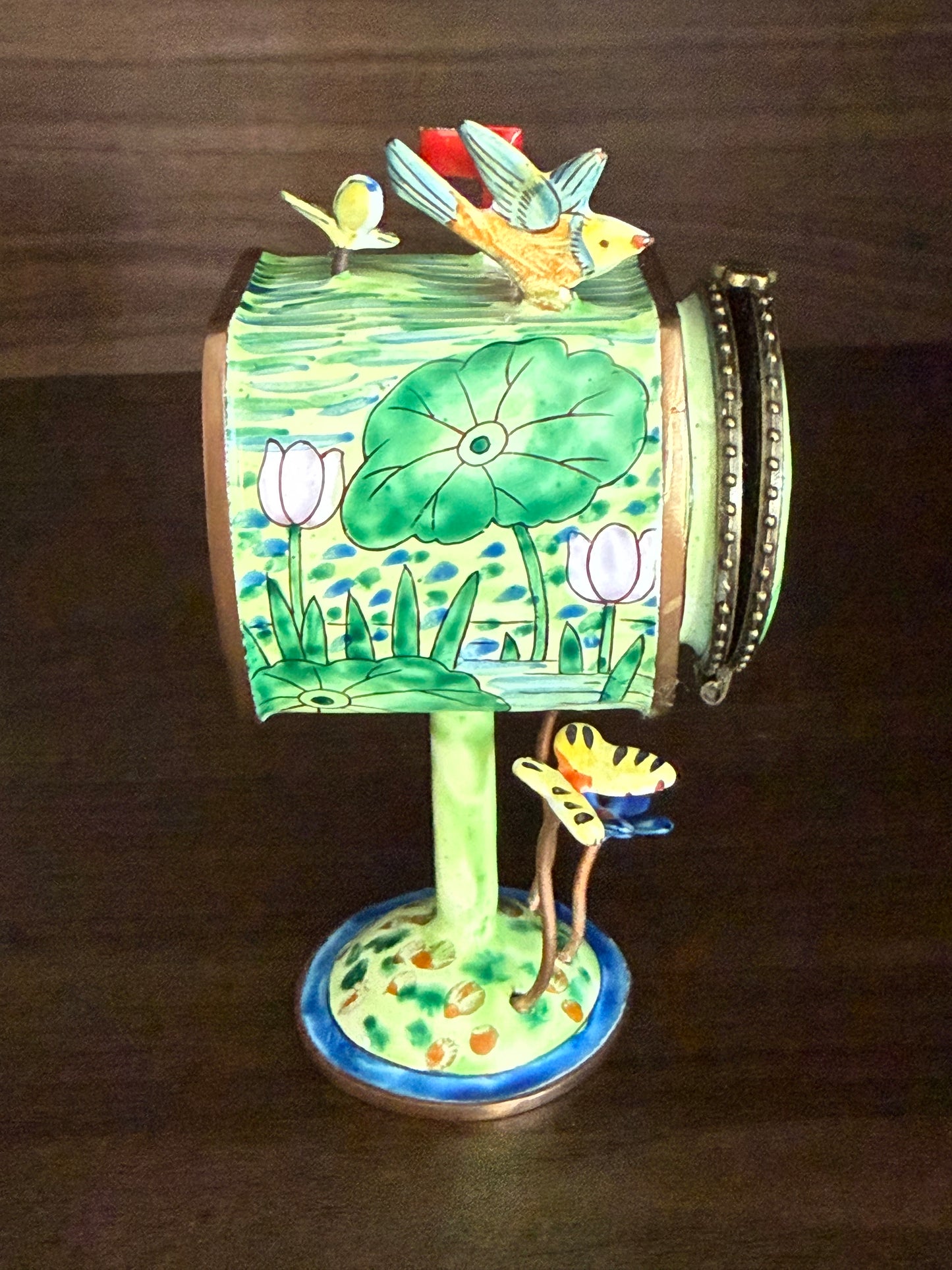 Vintage Hand-Painted Enamel on Copper Miniature Kelvin Chen Mailbox, Trinket Box and Stamps Holder - Numbered