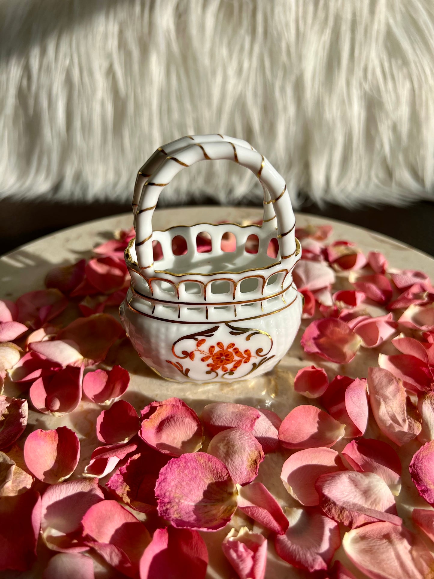 Herend Chinese Rust/ Orange Bouquet Reticulated Mini Porcelain Basket with Handle - Made in Hungary