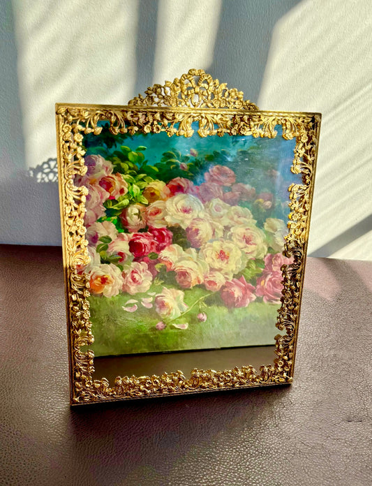 Antique/ Vintage French Victorian Style Gold-gilded Brass Framed Wall or Table Mirror with Flowers Decoration on the Frame