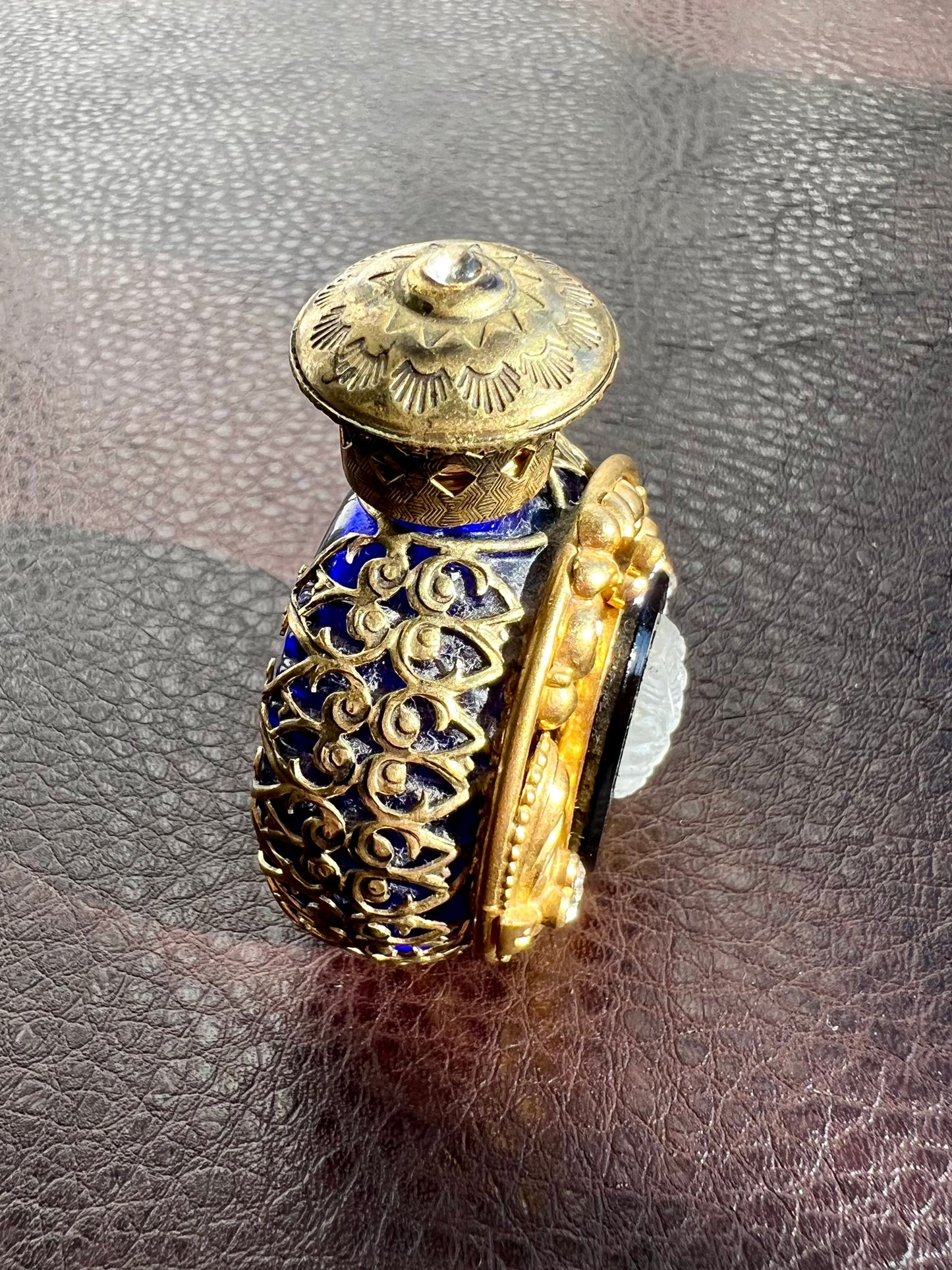 Czech Vintage Small Blue Glass Perfume Bottle with Brass Filigree Overlay Rhinestones and Black Onyx