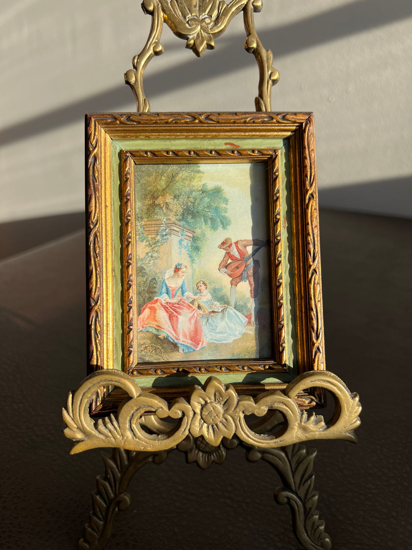 Italian Florentine Style Mini Vintage Print Picture with Gilded Wooden Square Frame