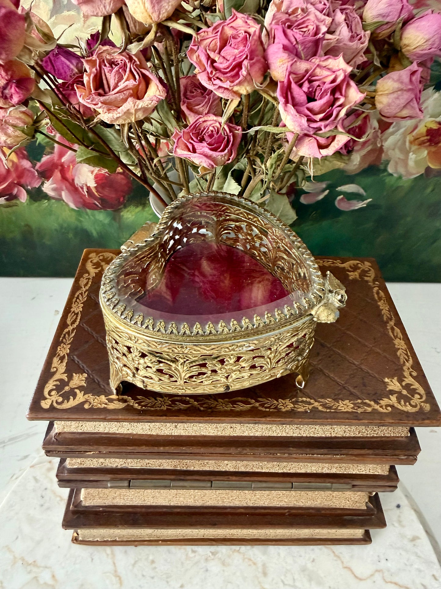 Antique French Style Gold-plated Ormolu Filigree Heart-shaped Trinket or Jewelry Box with a Plush Red Velvet Lining