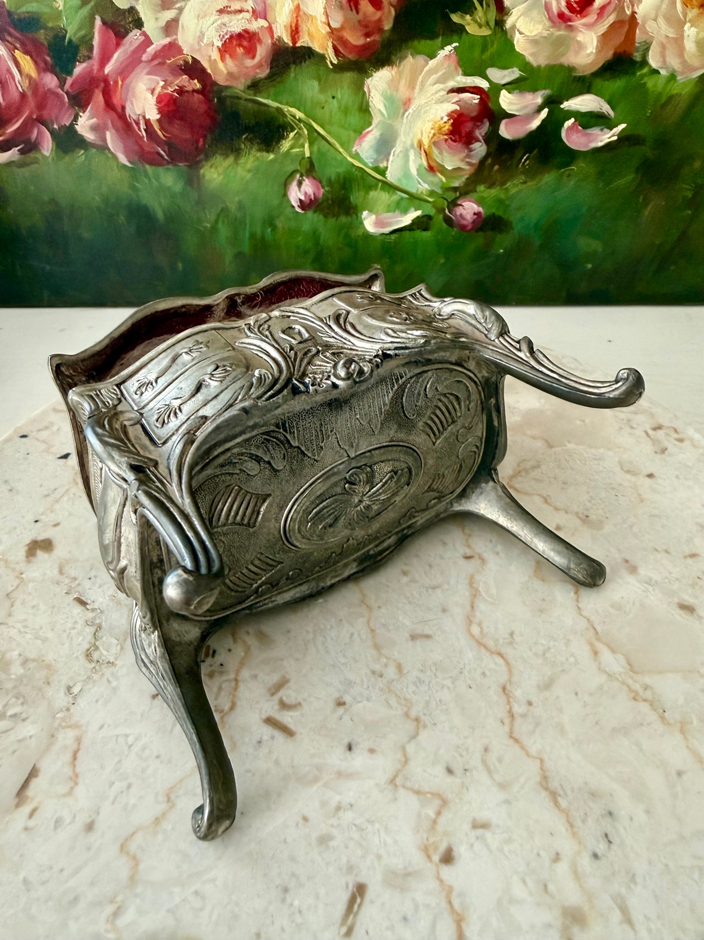 Antique Art Nouveau French Style Silver Plated Jewelry Casket Velvet Lined Romantic Trinket Box