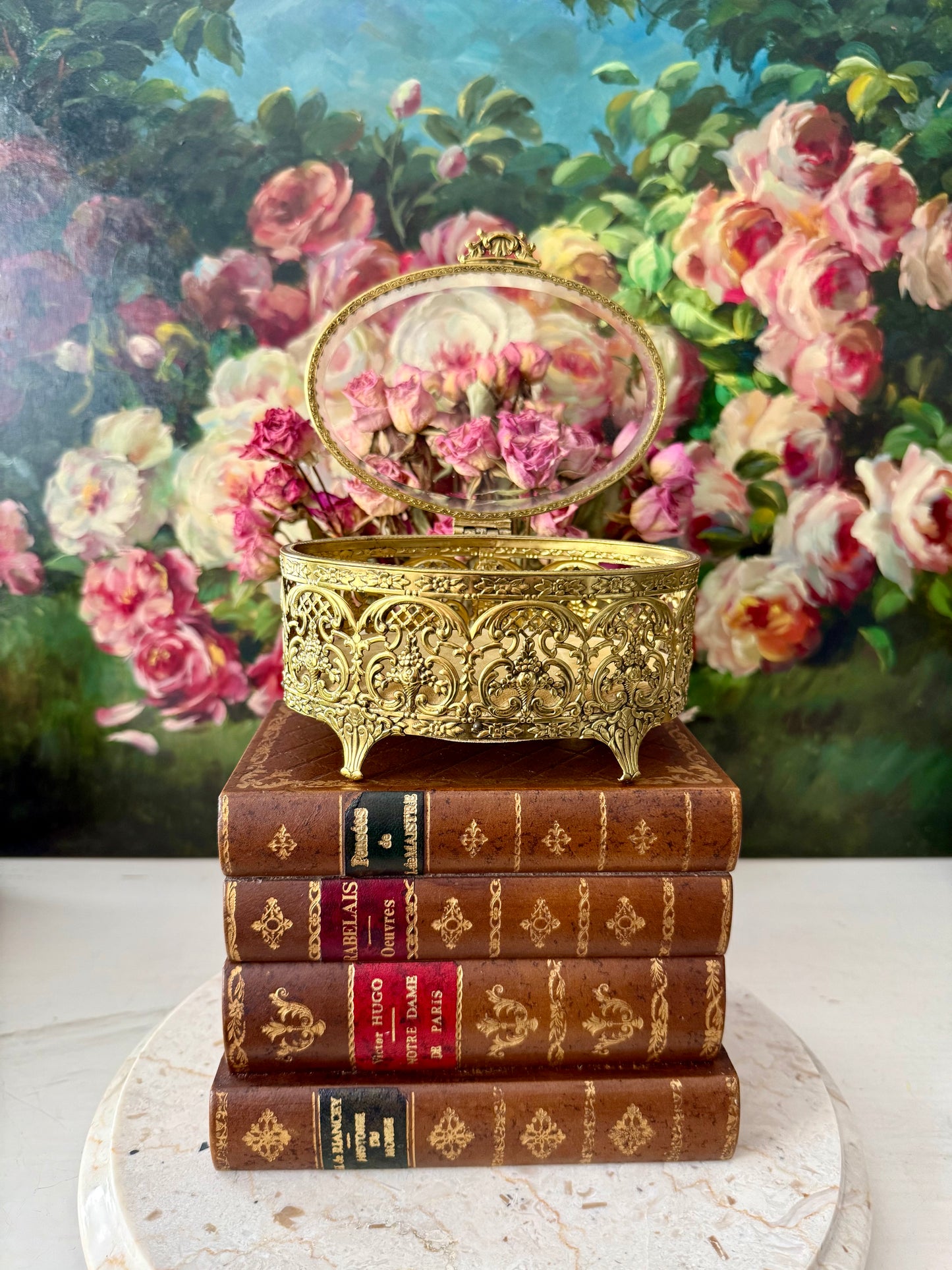 Matson Style Vintage Gold-plated and Glass Hollywood Regency Oval Ormolu Brass Jewelry/ Trinket Box