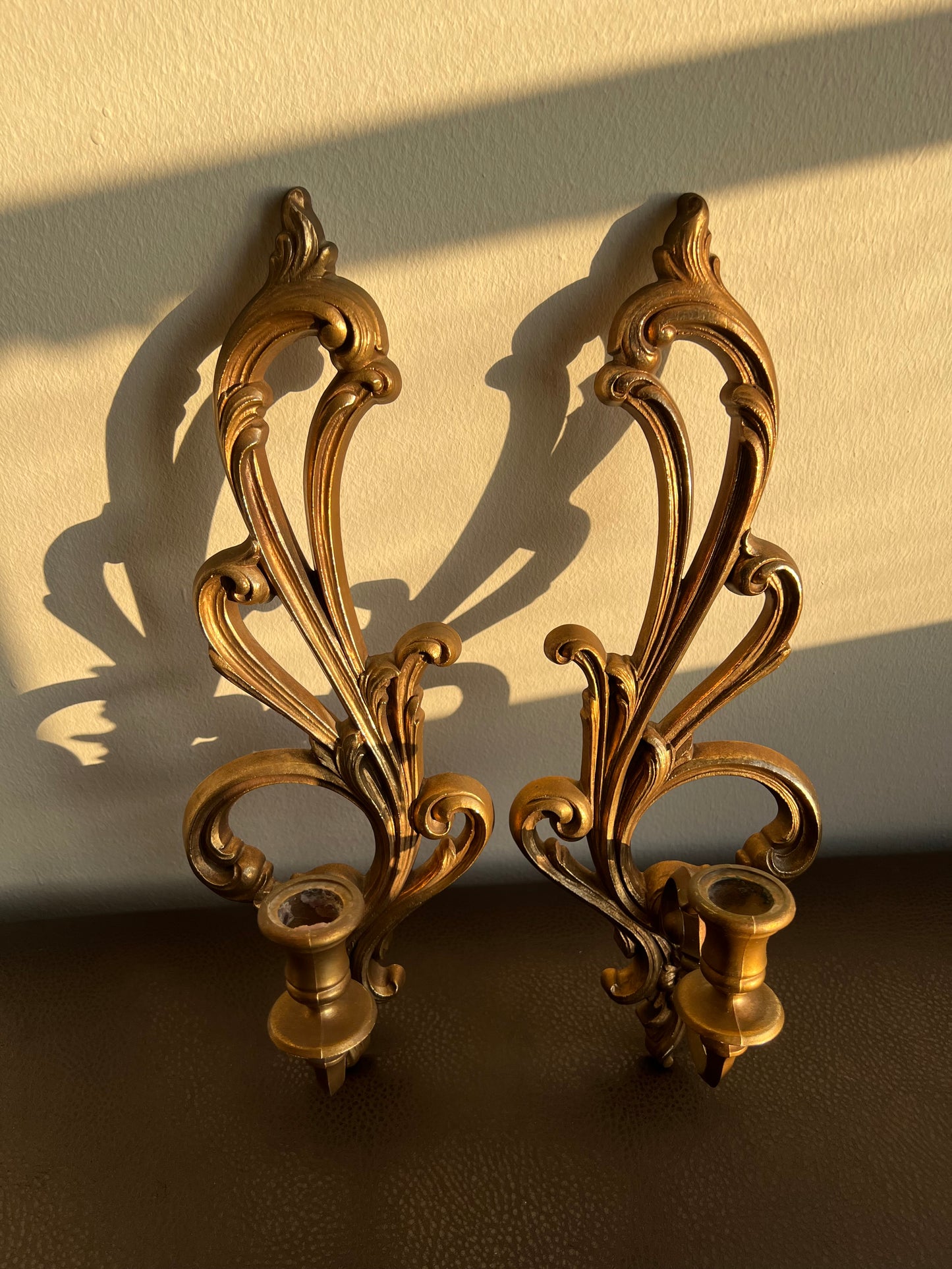 Mid Century Pair of Syroco Wall Ornate Candle Sconces/ Resin Candle Holders, Hollywood Regency