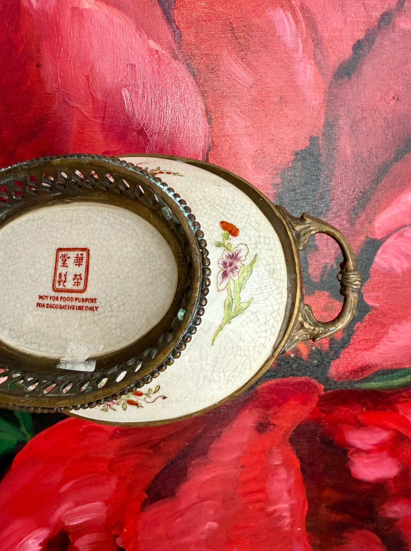 Vintage Floral Roses Motif Porcelain Oval Soap Dish with Brass Feet and Twin Handles