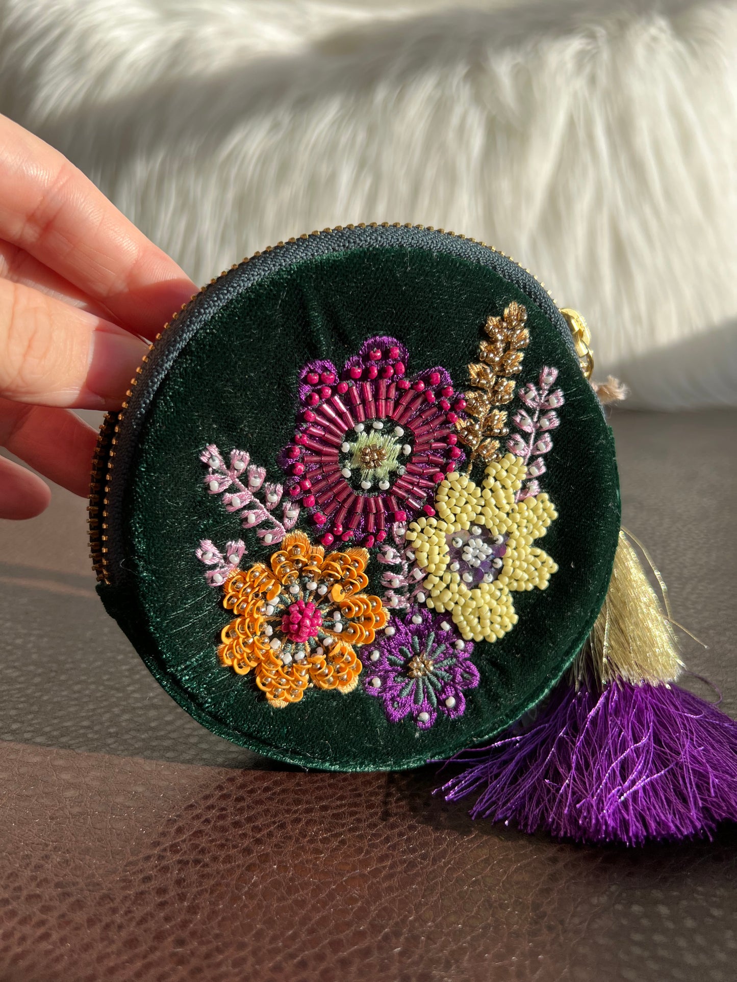 Beaded Round Mini Makeup Case Dark Green Plush Purse/ Bag with Floral Motif Decoration