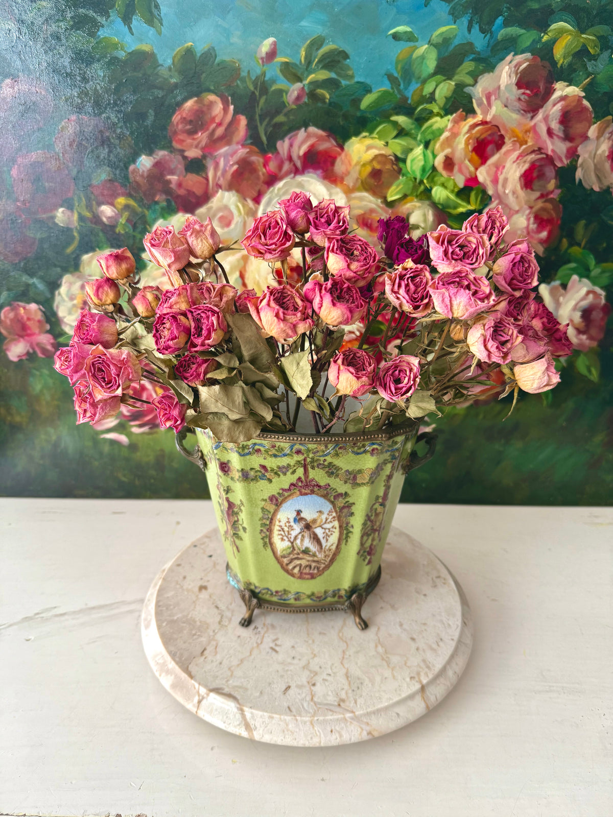 Antique Green Pheasant Bird and Floral Garland Porcelain Brass Footed Cache Pot or Jardiniere