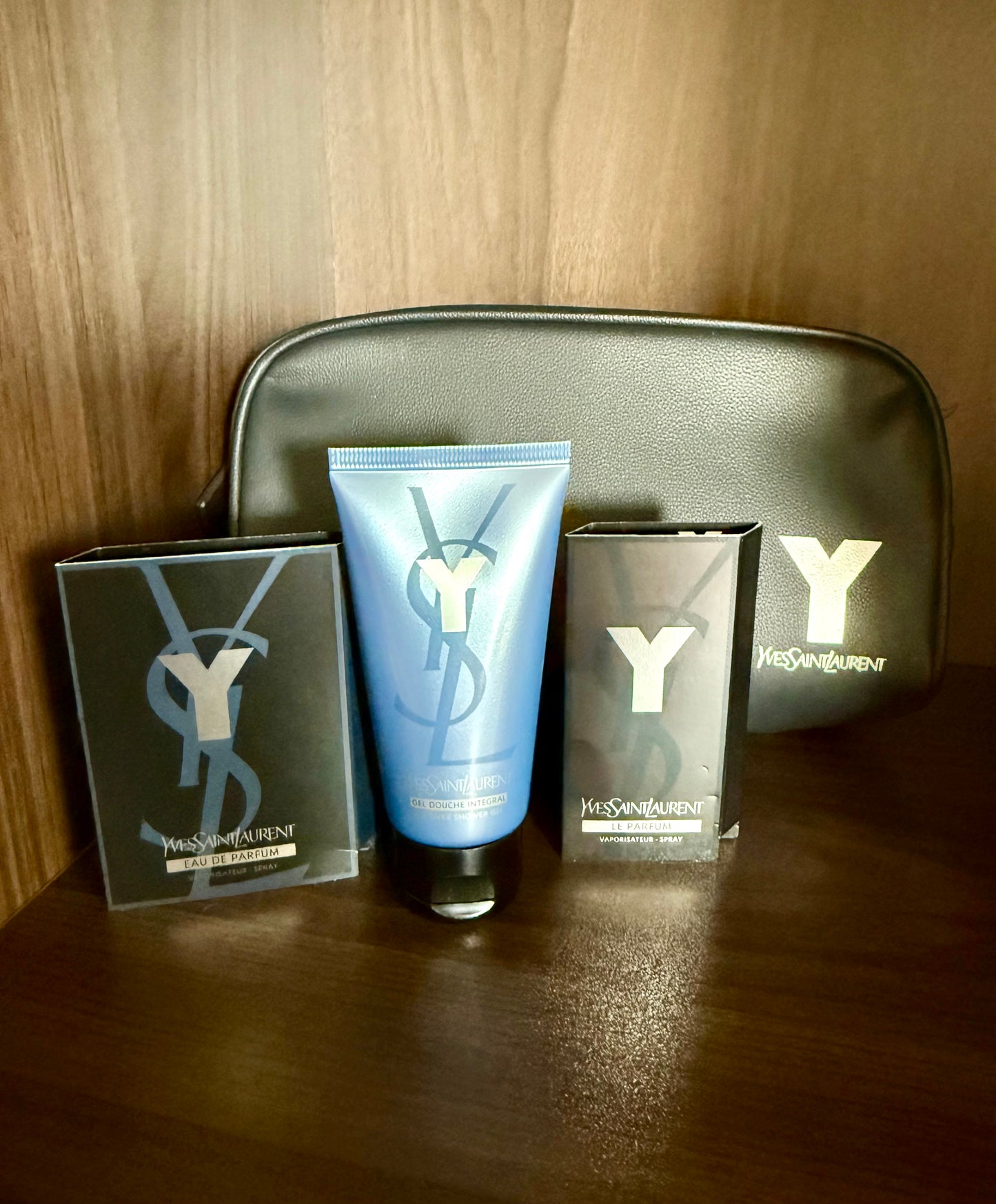 YSL, Yves Saint Laurent Y Eau de Parfum Gift Set, with Two Perfume Samples, a Shower gel, and Matching Pouch
