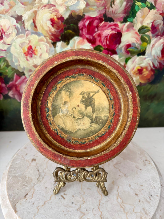 Italian Florentine Gold-gilded Vintage Wooden Decorative Round Plate with Picture Inside