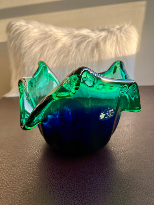 MURANO Blue and Green Extra Large Vintage White Crystal Glass Bowl, Decorative Dish or Vase - Made in Italy