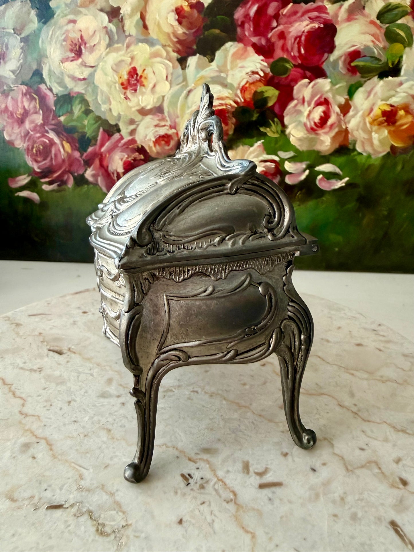Antique Art Nouveau French Style Silver Plated Jewelry Casket Velvet Lined Romantic Trinket Box
