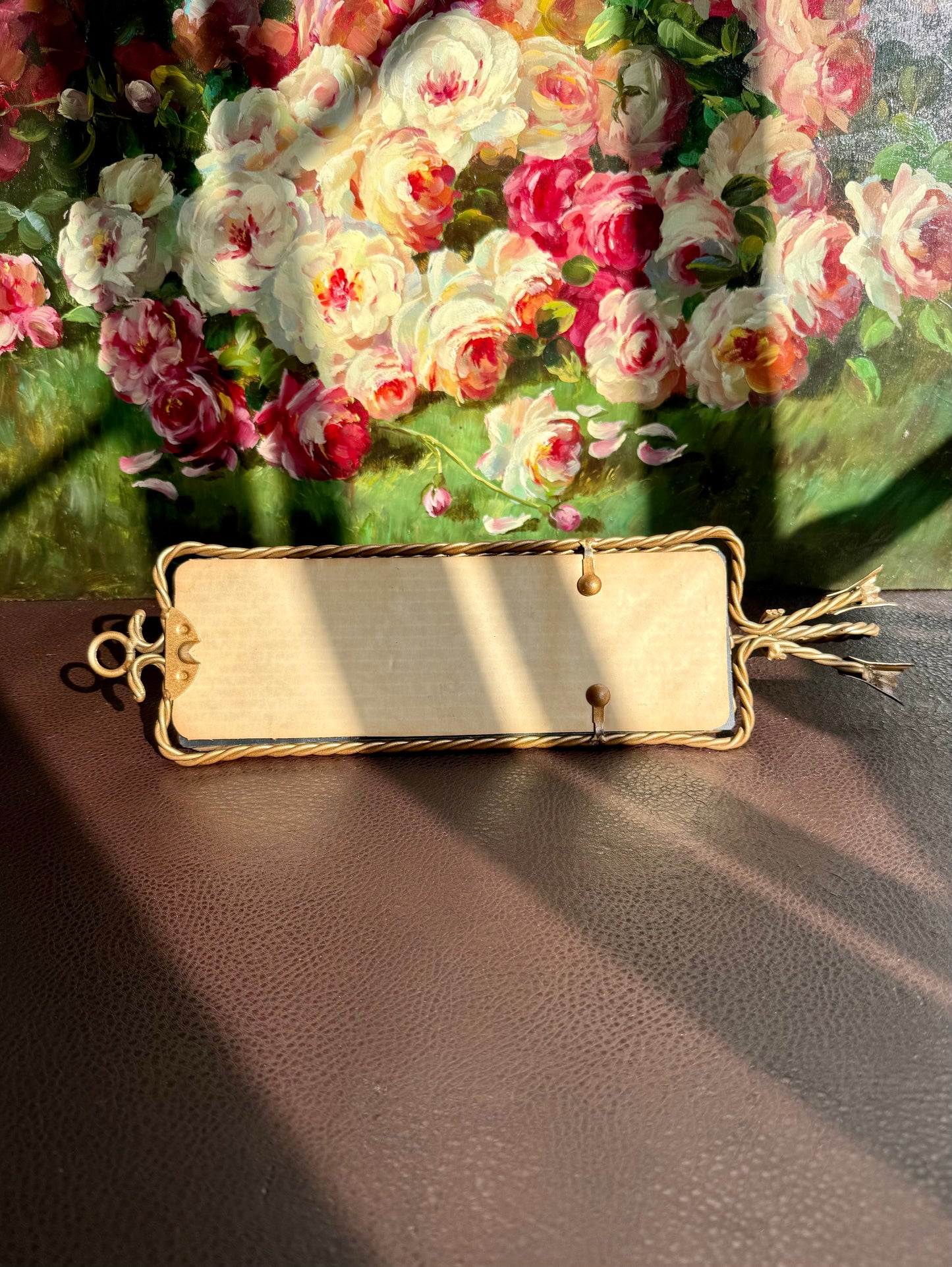 Vintage Square Long Mirror Gold Gilded Metal Frame and Rope Decoration with Tasseled Wall Candle Holder, Wall Sconce