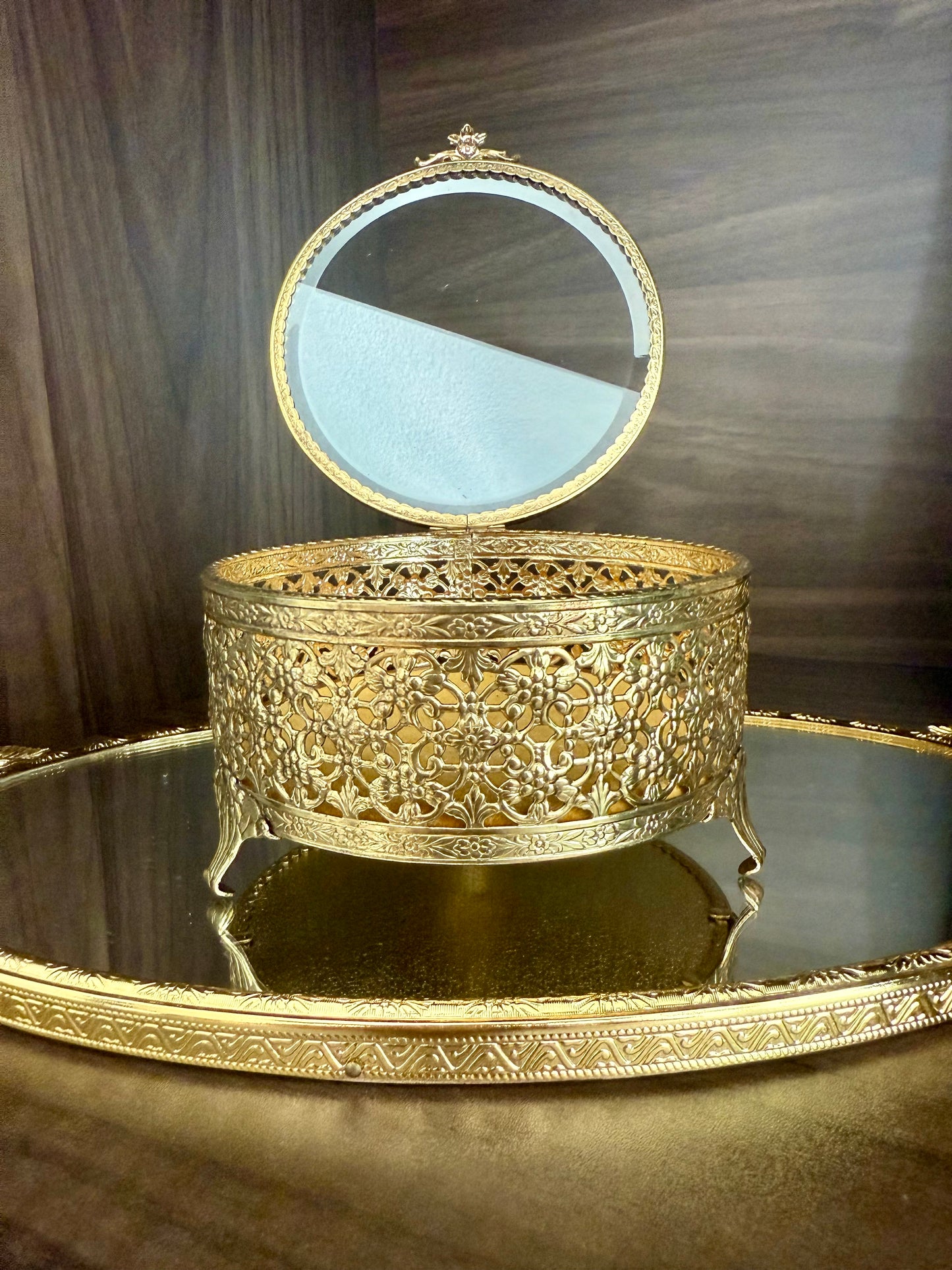 Hollywood Regency Style Vintage Round Gold Filigree Ormolu Glass Top Jewelry/ Trinket Box Footed