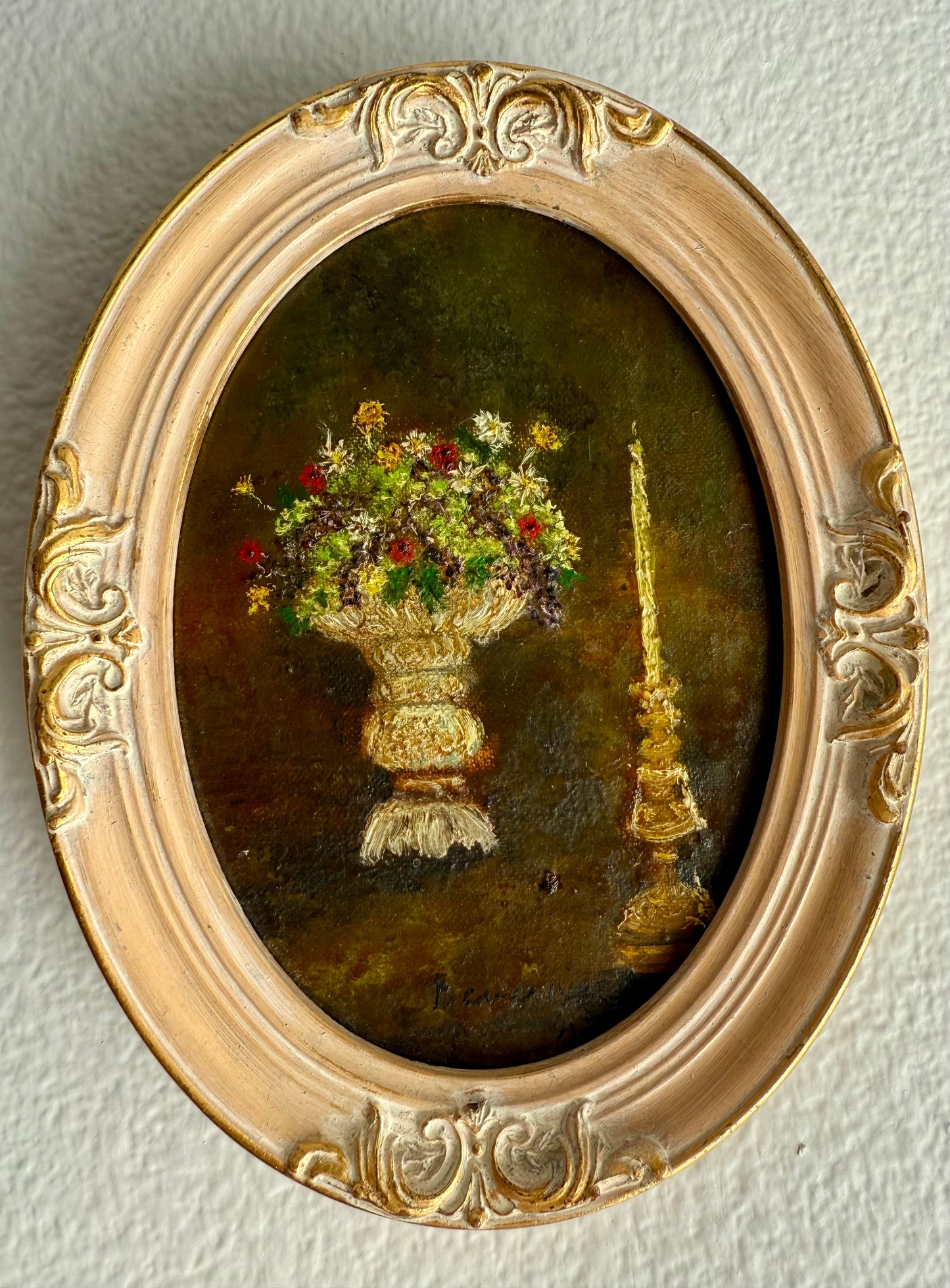 Still Life Signed Vintage Oval Oil Painting with Decorative Wooden Frame