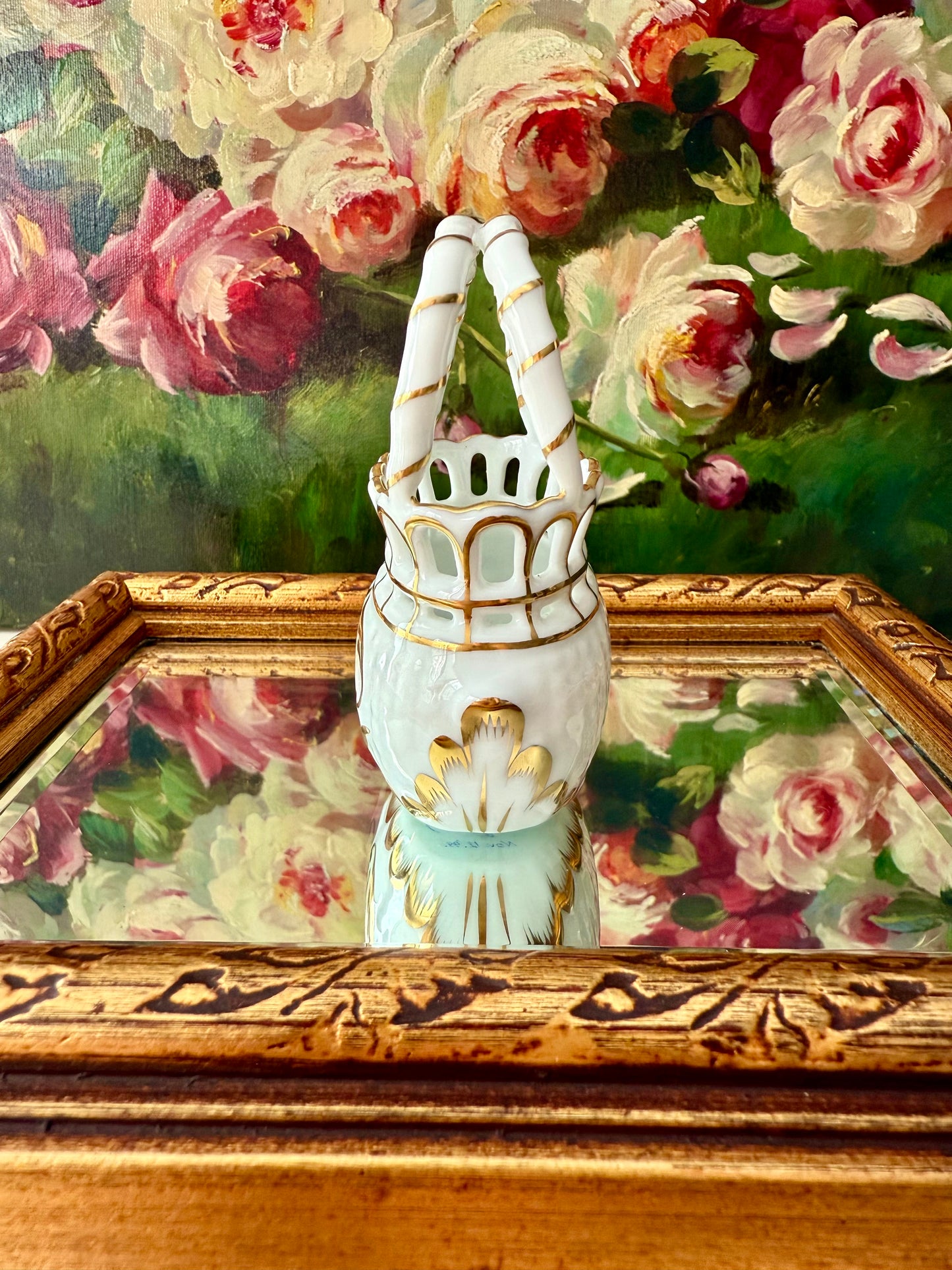 Herend Hungarian Vintage Mini Porcelain Basket with Handle - Made in Hungary