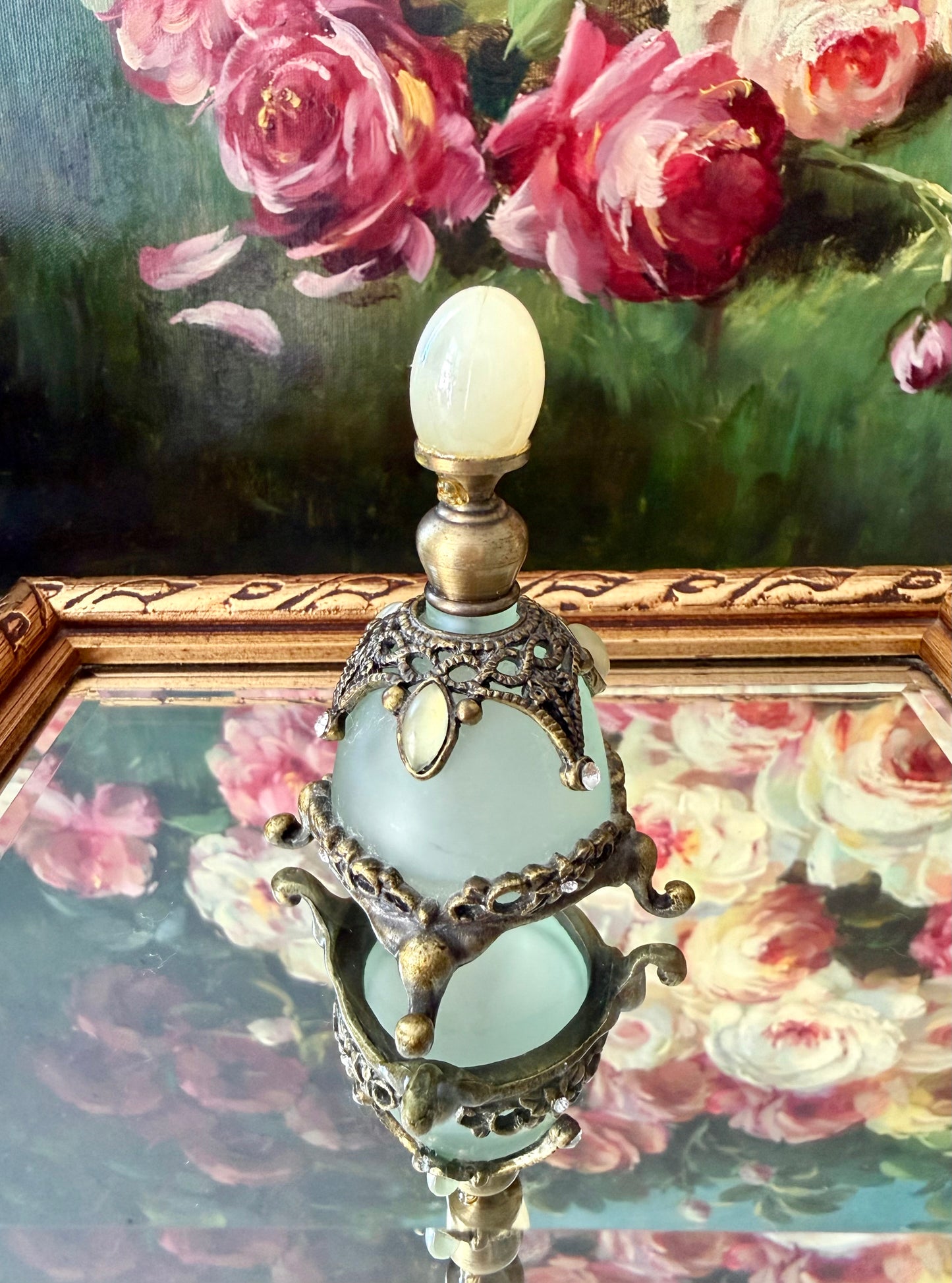 Vintage Frosted Green Glass Perfume Bottle Decorated with Rhinestones and Gemstones - Empty