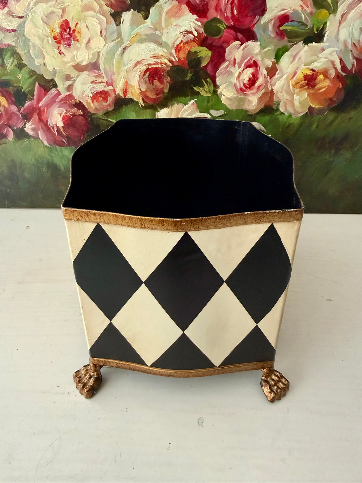 Vintage Hand-painted Metal Flower Pot/Planter with a Harlequin Pattern and Claw Feet