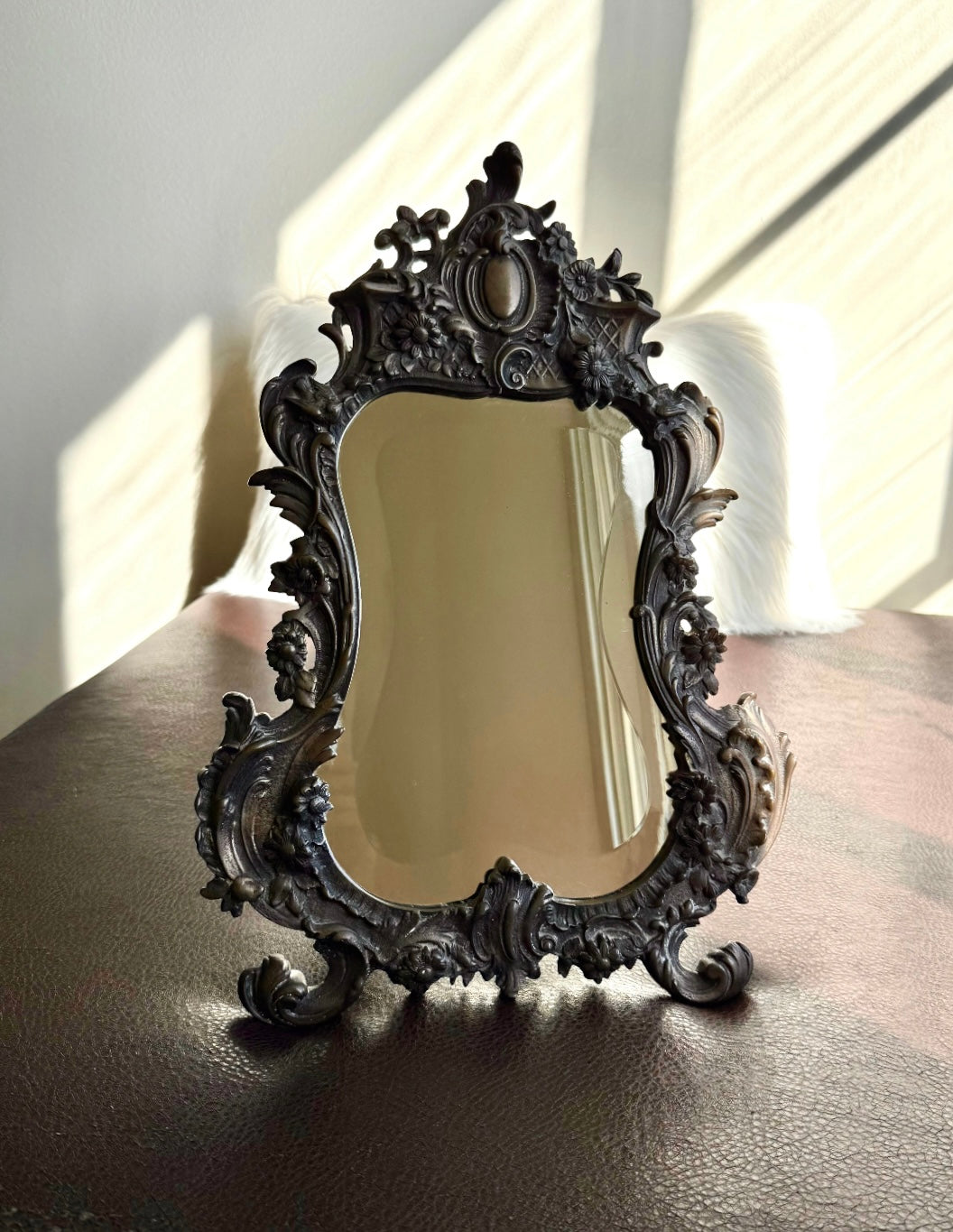 Antique Bronze Rococo Style French Big Table and Makeup Mirror from the 19th or Early 20th Century