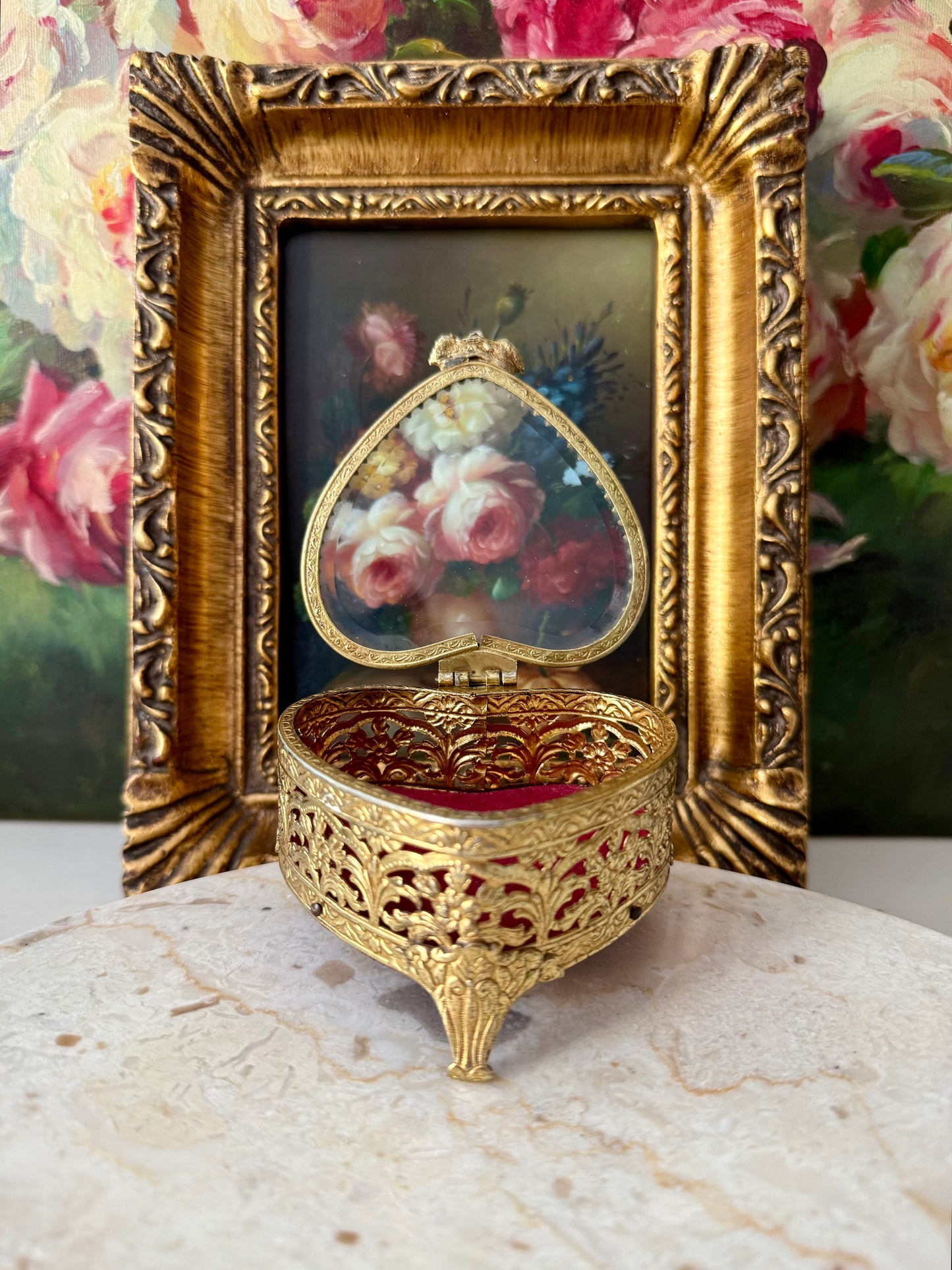 Antique French Style Gold-plated Ormolu Filigree Heart-shaped Trinket or Jewelry Box with a Plush Red Velvet Lining
