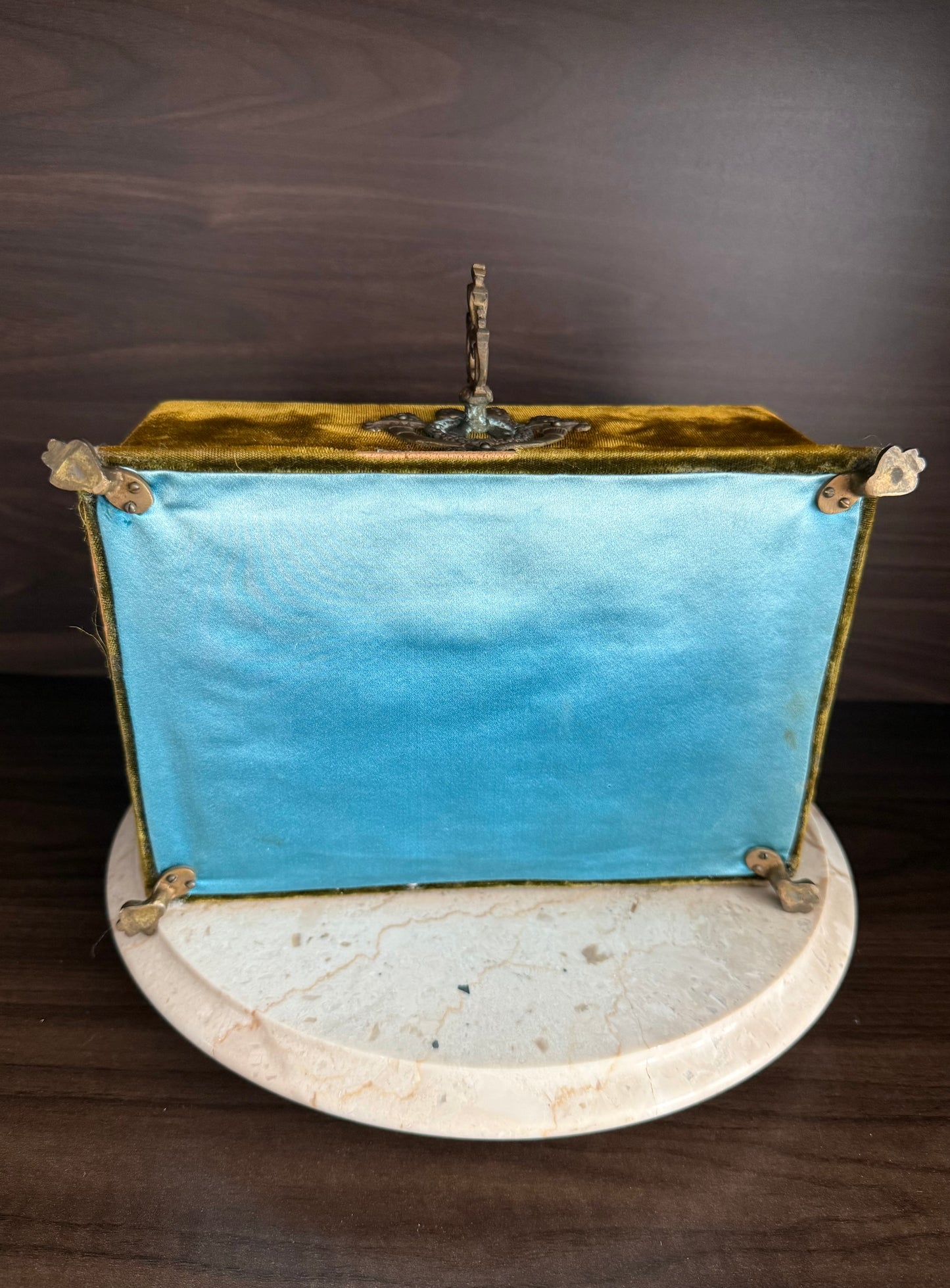 Antique Victorian Jewelry Box “Boudoir” or Sewing Box in Mustard/ Golden/ Green Velvet, Inside Blue Silk from the Early 20th Century