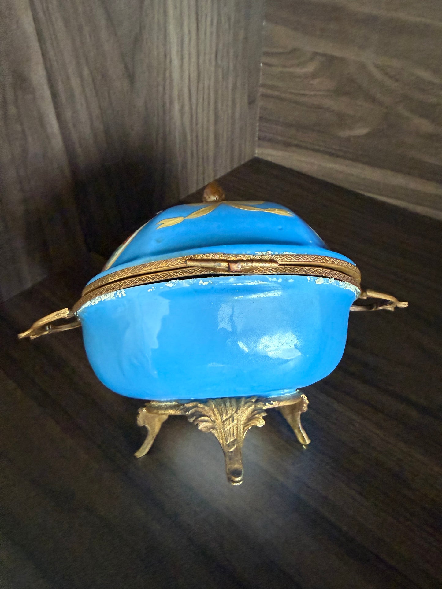 Antique Capodimonte Footed Hand Painted Blue Porcelain Dresser Box, Made In France