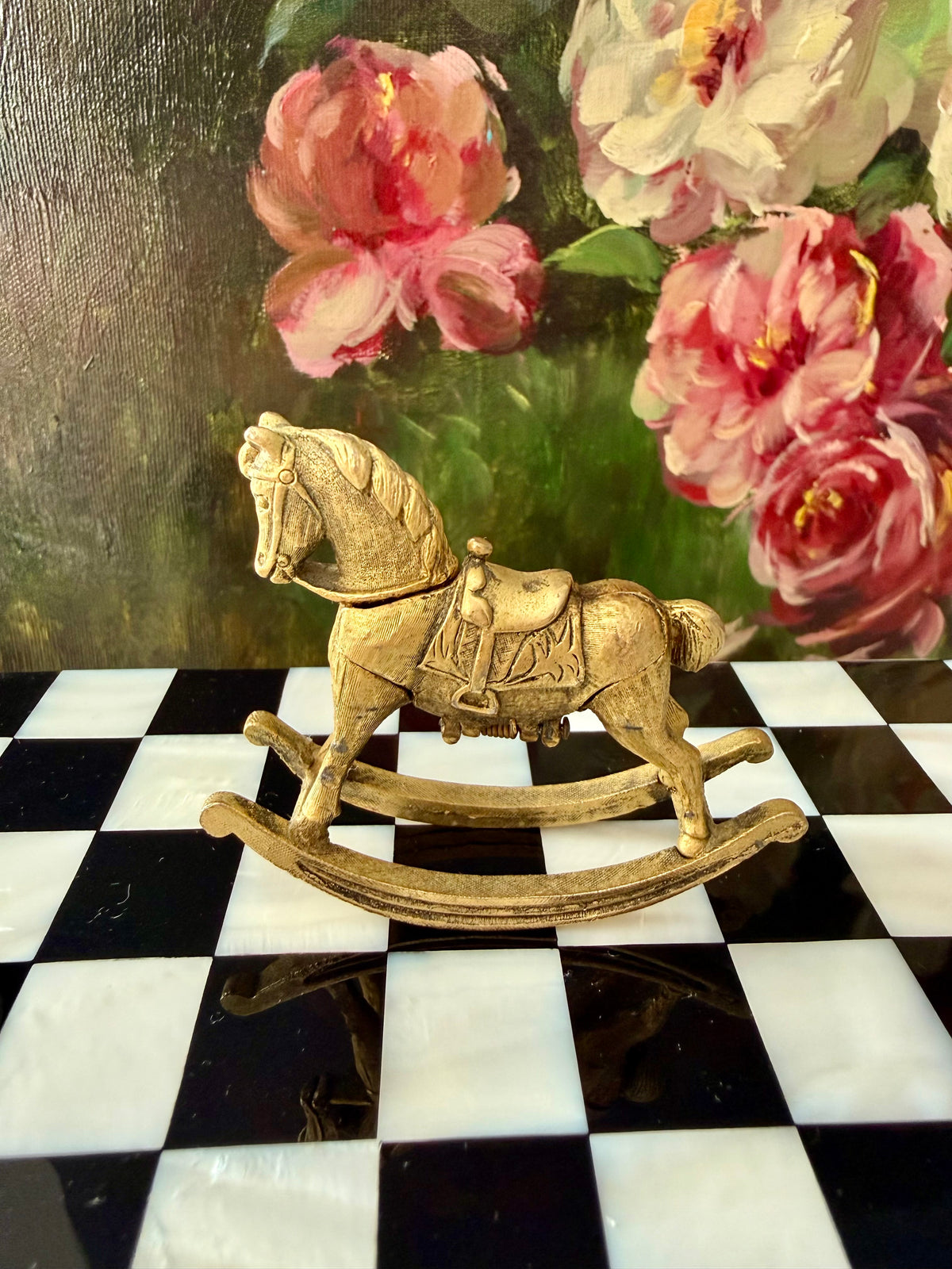 1970s Vintage Max Factor Gold-toned Metal “Rocking Horse” Perfume Compact