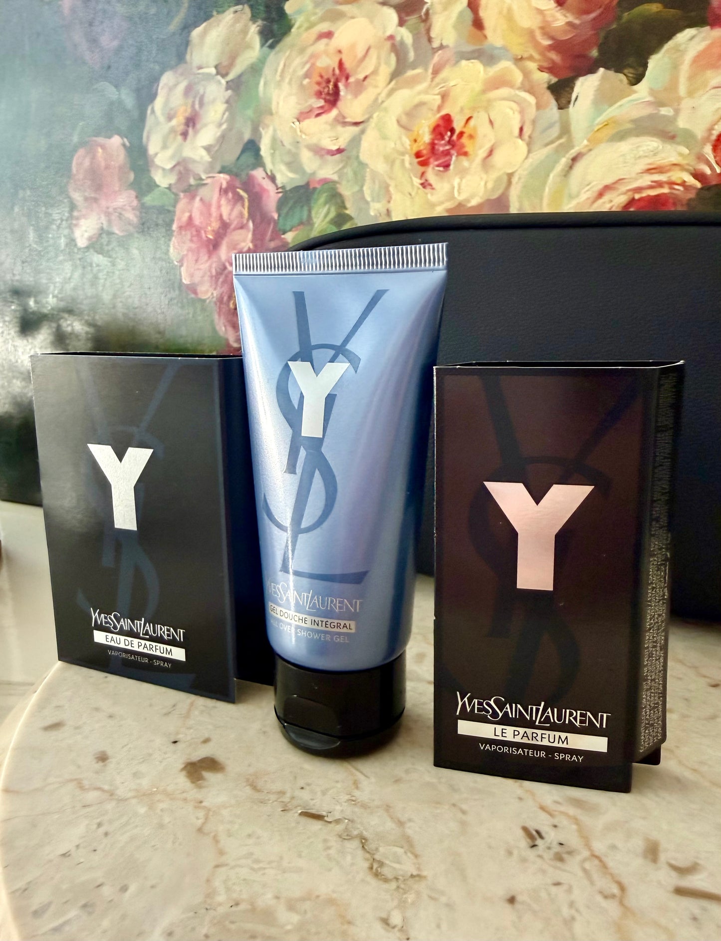 YSL, Yves Saint Laurent Y Eau de Parfum Gift Set, with Two Perfume Samples, a Shower gel, and Matching Pouch