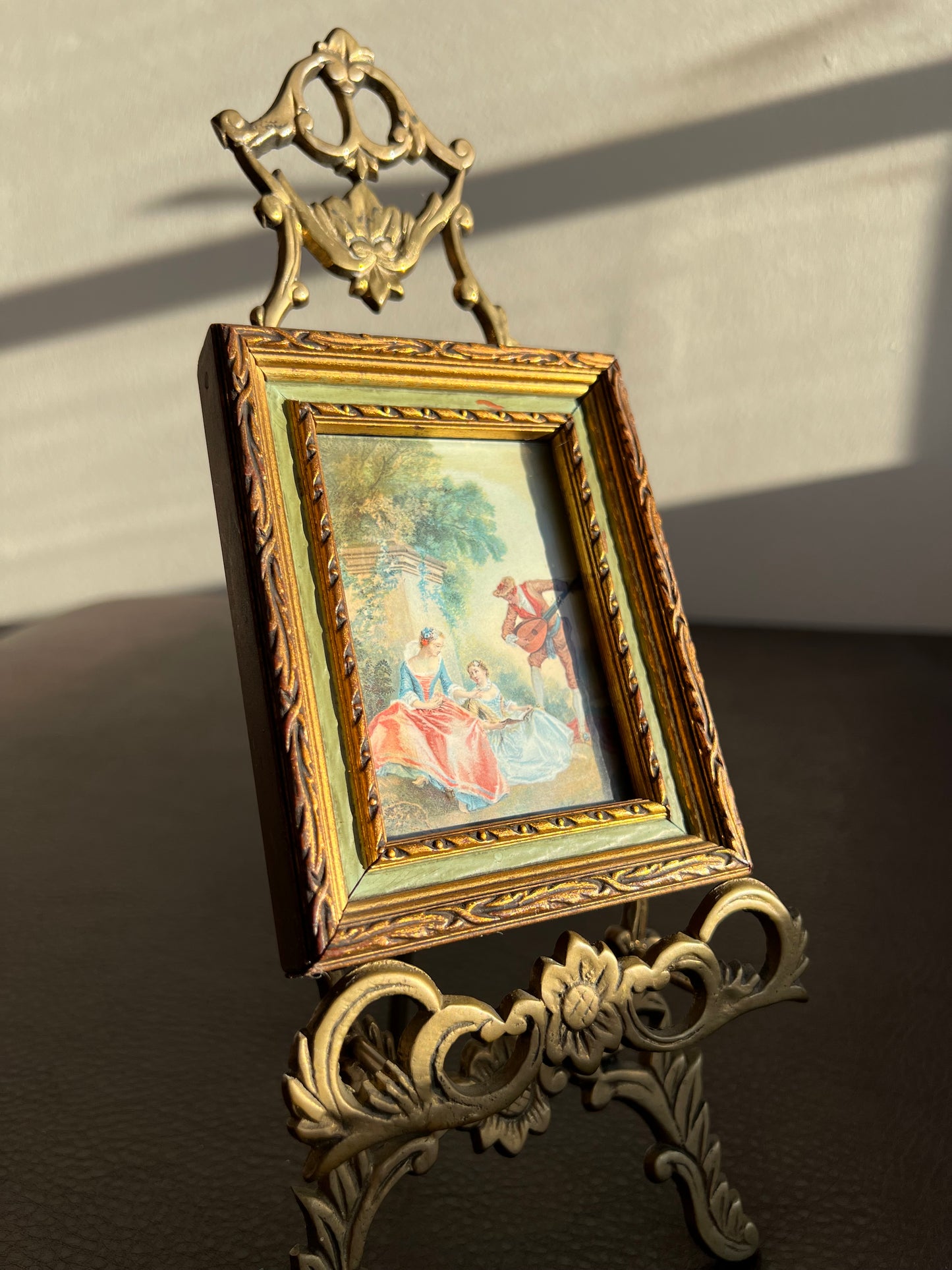 Italian Florentine Style Mini Vintage Print Picture with Gilded Wooden Square Frame