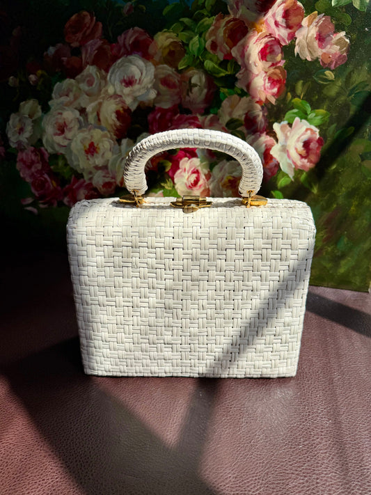 Italian RODO White Vintage Glazed Wicker Top Handle Purse Stylish Handbag from the 1950s - Made in Italy