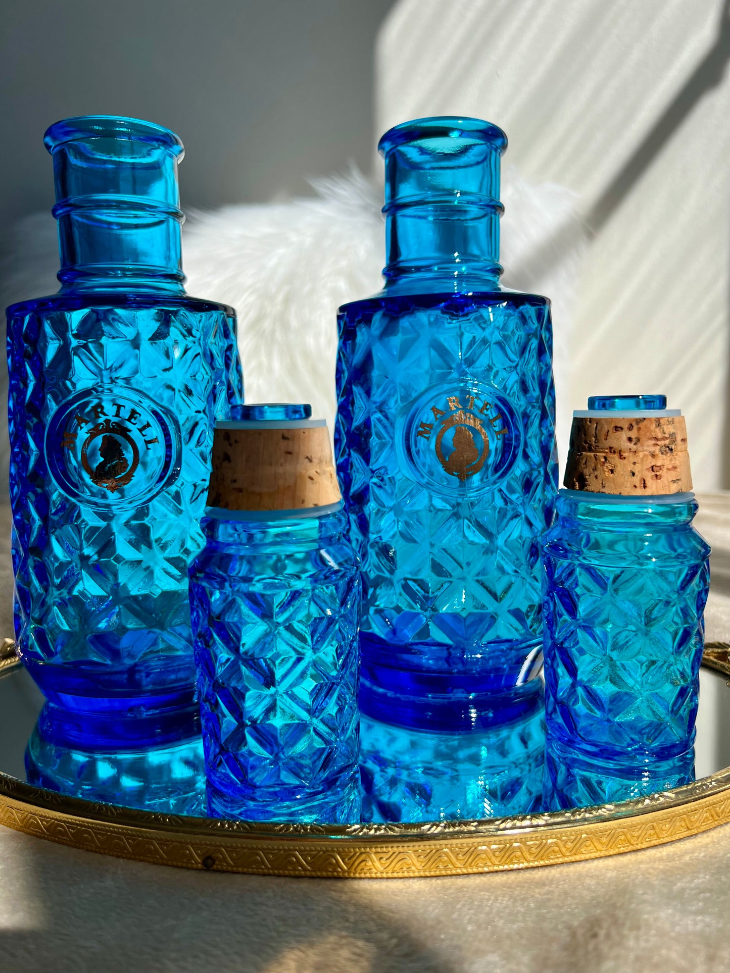 Beautiful Martell Blue Glass Liquor Bottle Vintage Decanters ($ 35/each)