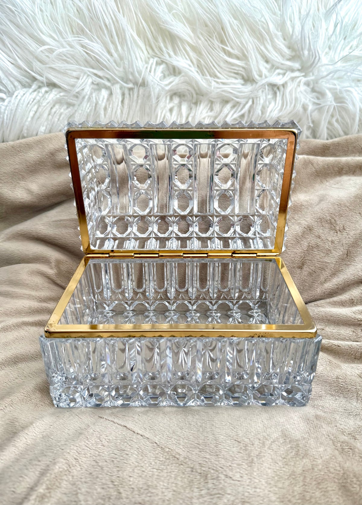 1960s Baccarat Style Heavy Cut Crystal Large Lidded Vintage Jewelry or Trinket Box/ Casket with Brass Frame
