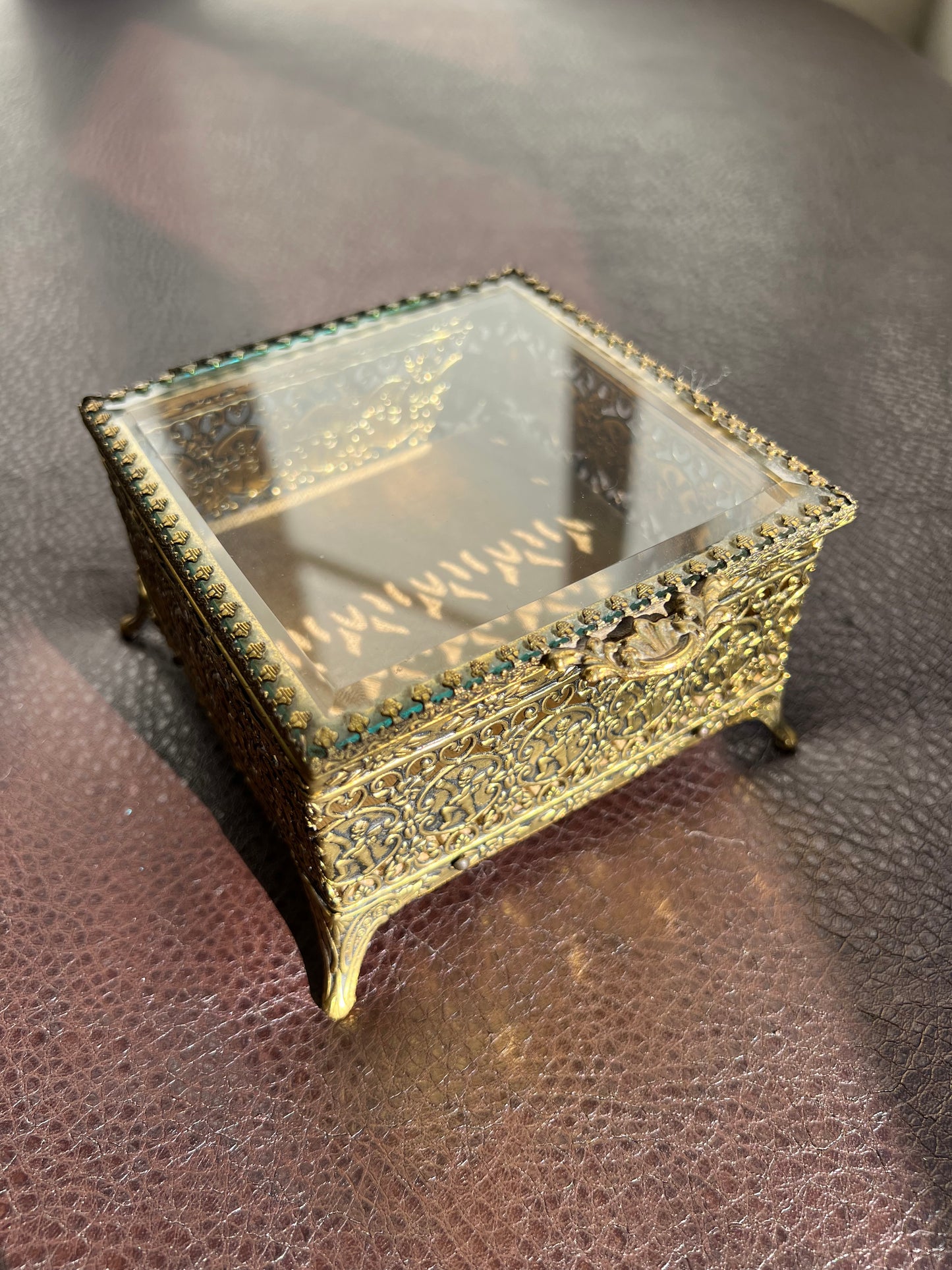 Gold Plated Filigree Ormolu Vintage Jewelry Box Square Footed with Velvet Lining Hinged Lid, Hollywood Regency StyleBuilt Style