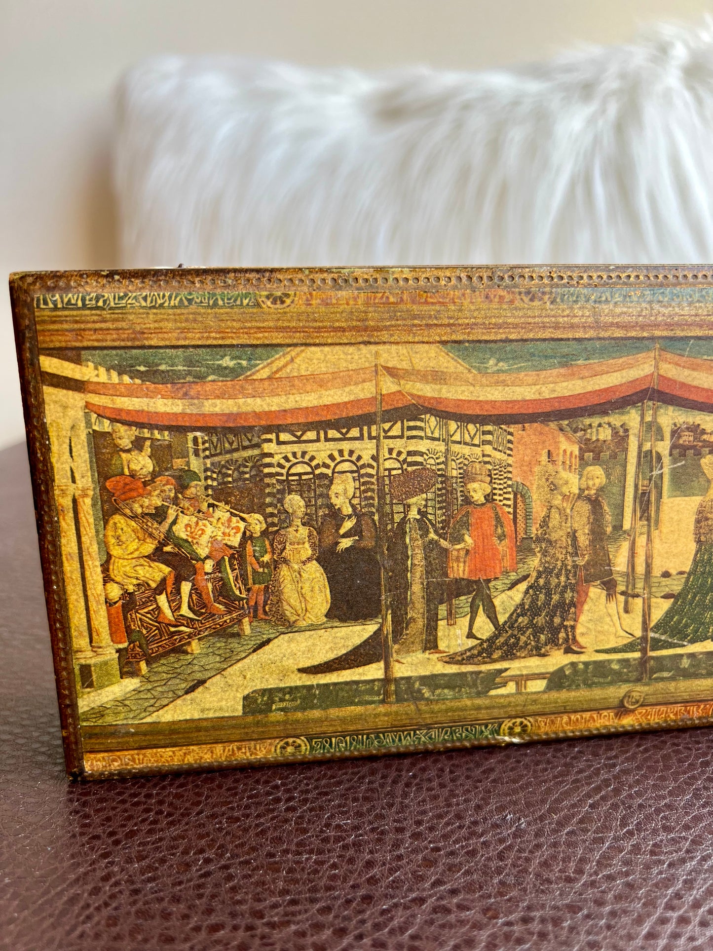 Italian Florentine Gold Gilt Large Jewelry/ Trinket Wooden Box, Wedding Scene on Top of the Lid