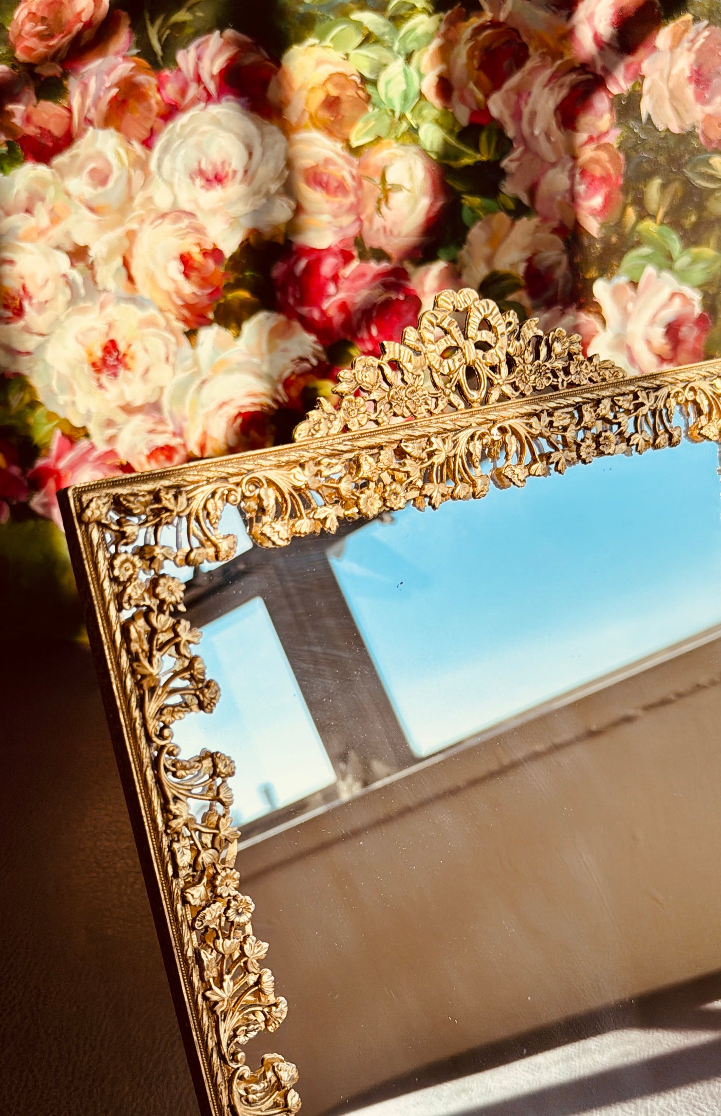 Antique/ Vintage French Victorian Style Gold-gilded Brass Framed Wall or Table Mirror with Flowers Decoration on the Frame