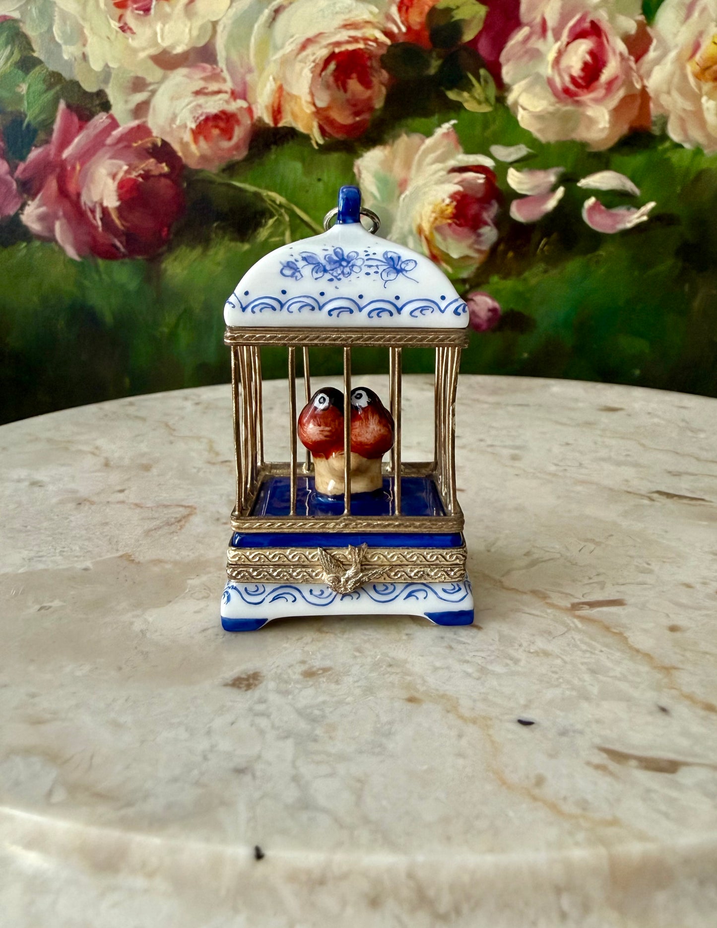 French Limoges Hand-painted Vintage Porcelain Love Birds in Cage Trinket/ Pill or Jewelry Box