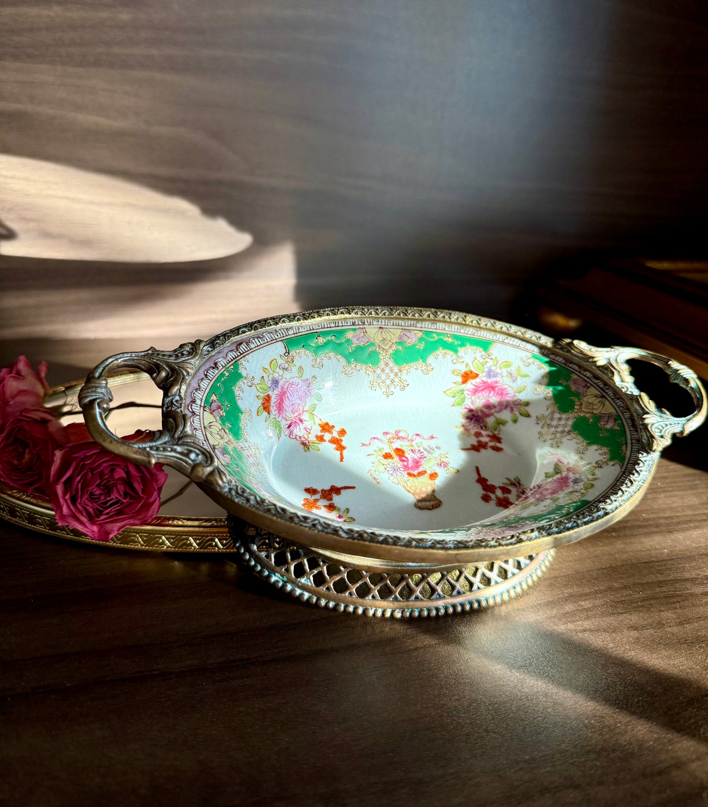 Vintage Floral Roses Motif Porcelain Oval Soap Dish with Brass Feet and Twin Handles