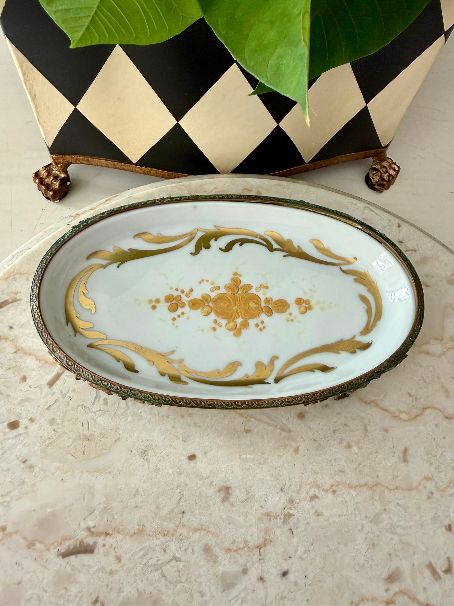 Antique Sévres Style Brass Footed and Hand-painted Oval Porcelain Decorative Soap Dish - Made in France
