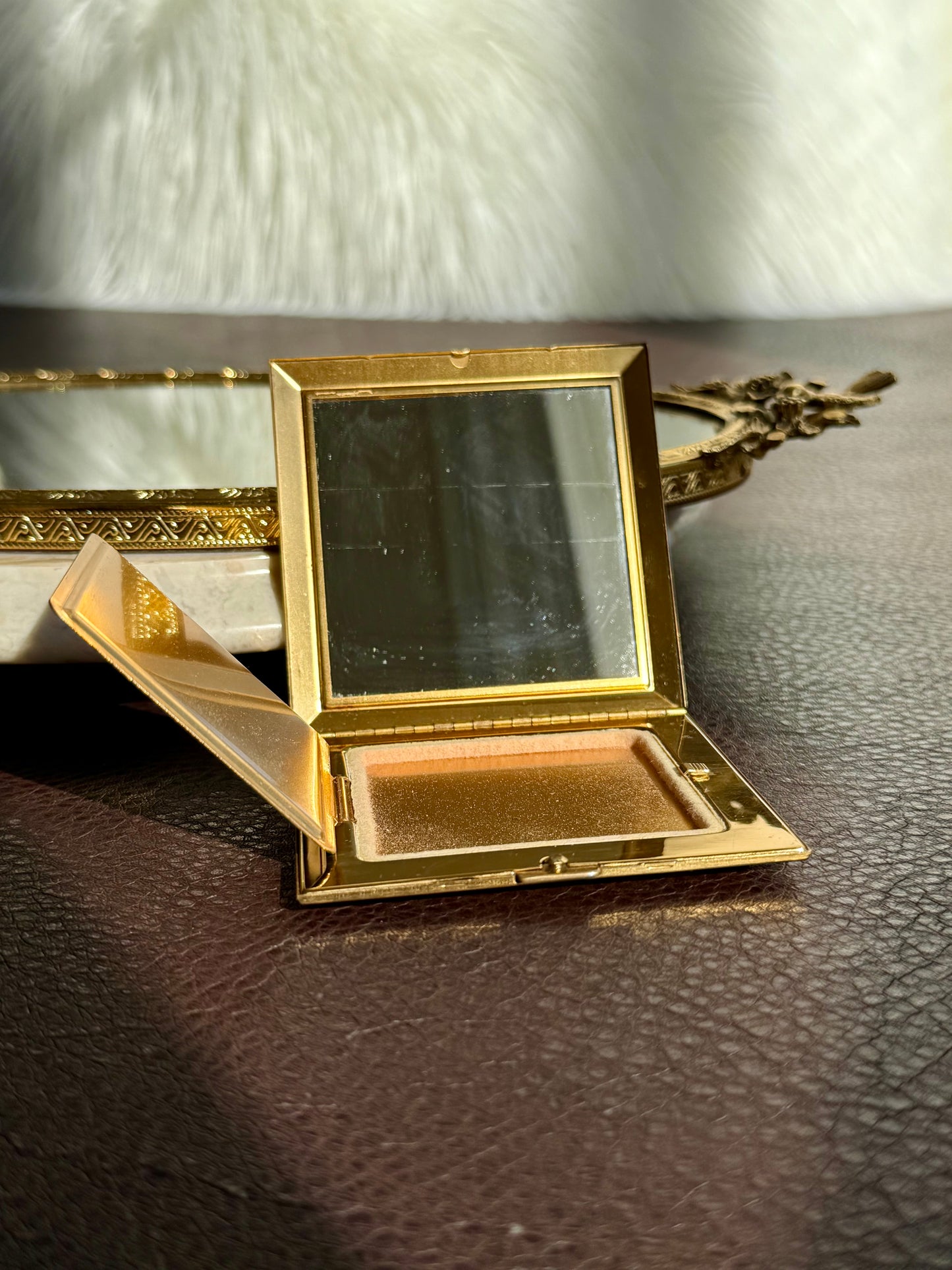 1940s Voluptè Brass Cameo Lady Vintage Makeup Powder Compact Mirror with Hearts and Gemstones Decoration - Made in USA