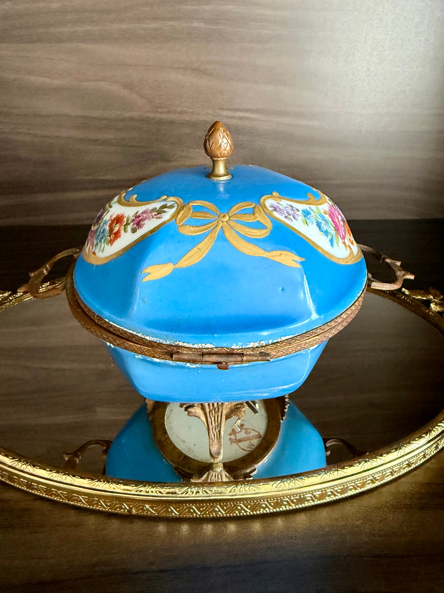 Antique Capodimonte Footed Hand Painted Blue Porcelain Dresser Box, Made In France