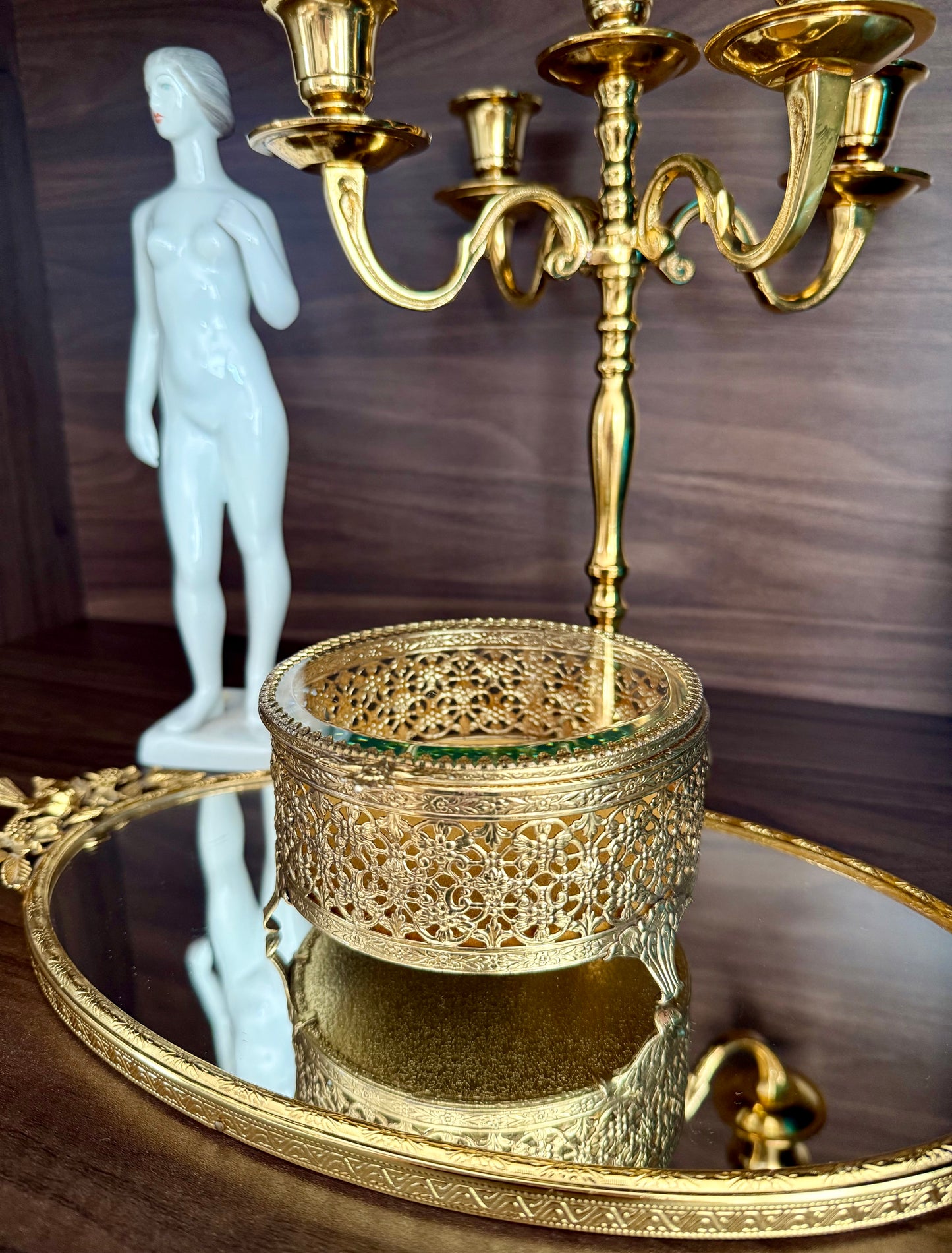 Hollywood Regency Style Vintage Round Gold Filigree Ormolu Glass Top Jewelry/ Trinket Box Footed