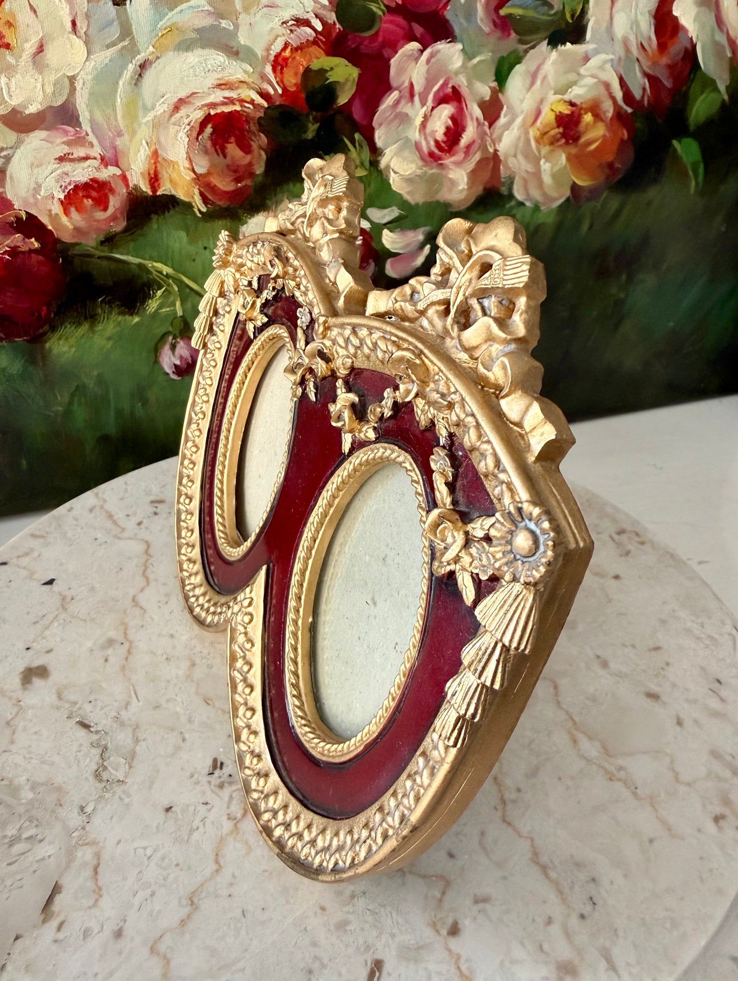 French Baroque Style Vintage Gold And Burgundy Oval Double Photo Frame (NOT Brass)